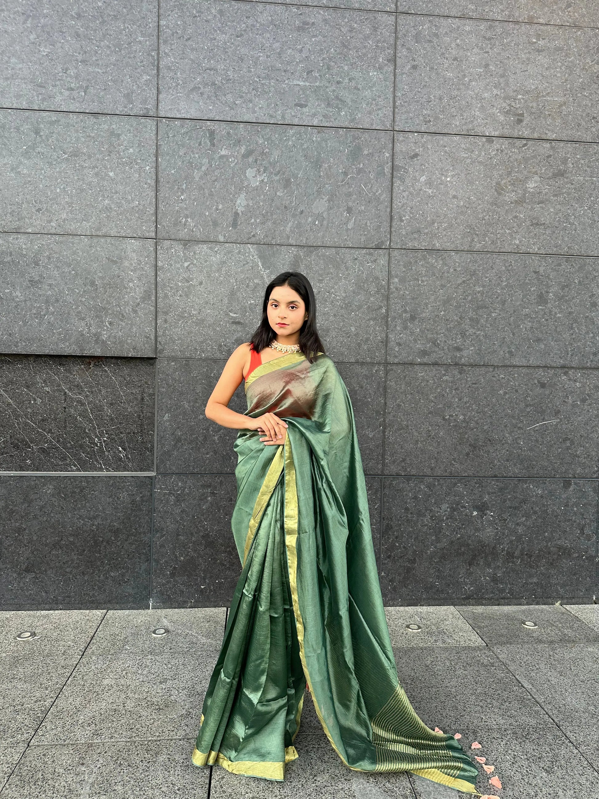 Dark Green Handmade Silk Viscose Saree | Gold Zari Border | KIHUMS Saree kihums clothing