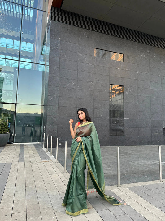 Dark Green Handmade Silk Viscose Saree | Gold Zari Border | KIHUMS Saree kihums clothing