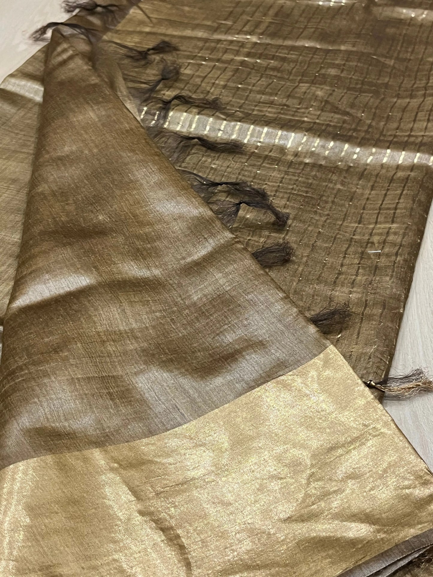 Golden brown Shade Handwoven Munga Tussar Silk Saree | Golden Zari Border | KIHUMS Saree kihums clothing