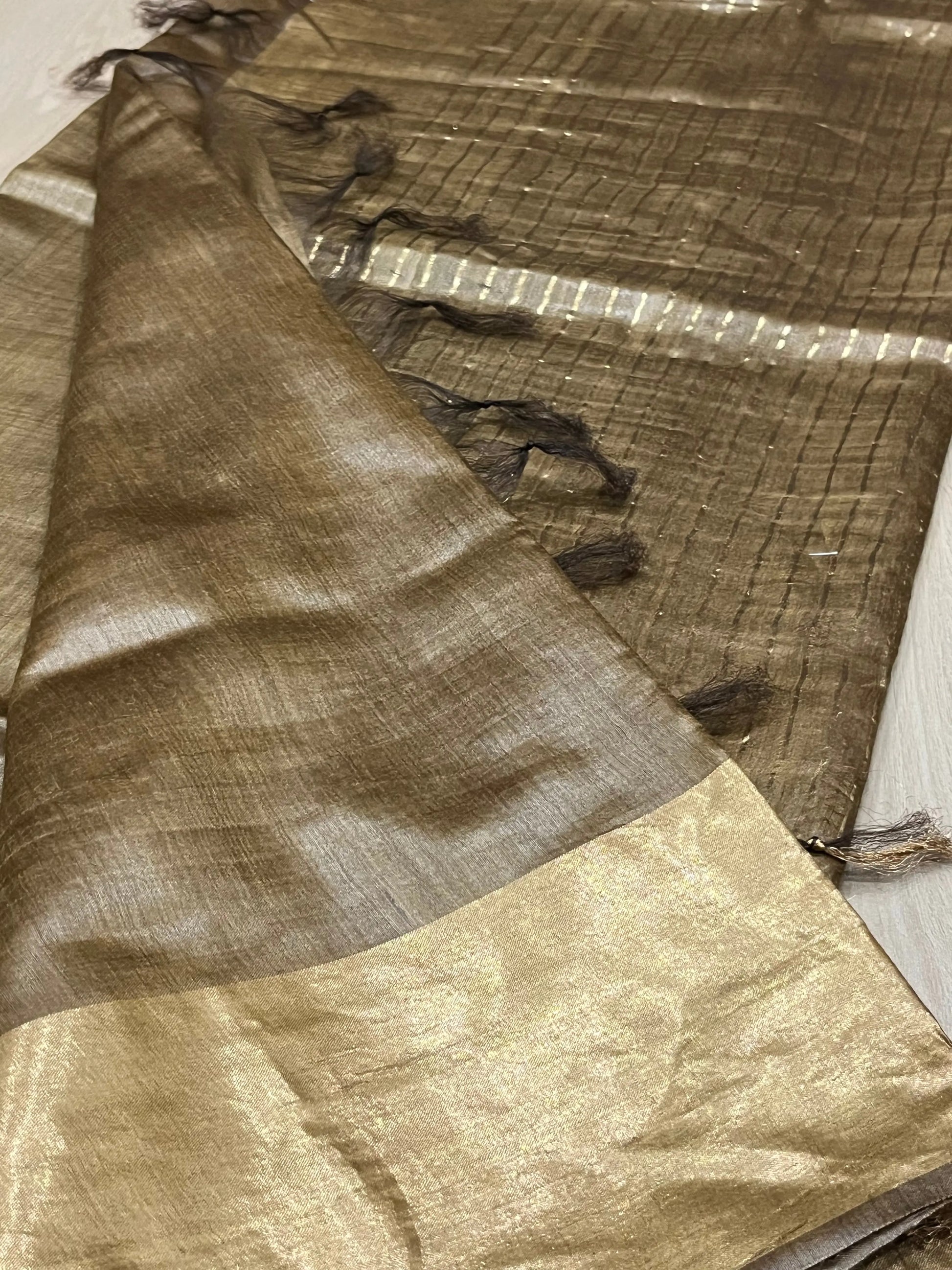 Golden brown Shade Handwoven Munga Tussar Silk Saree | Golden Zari Border | KIHUMS Saree kihums clothing