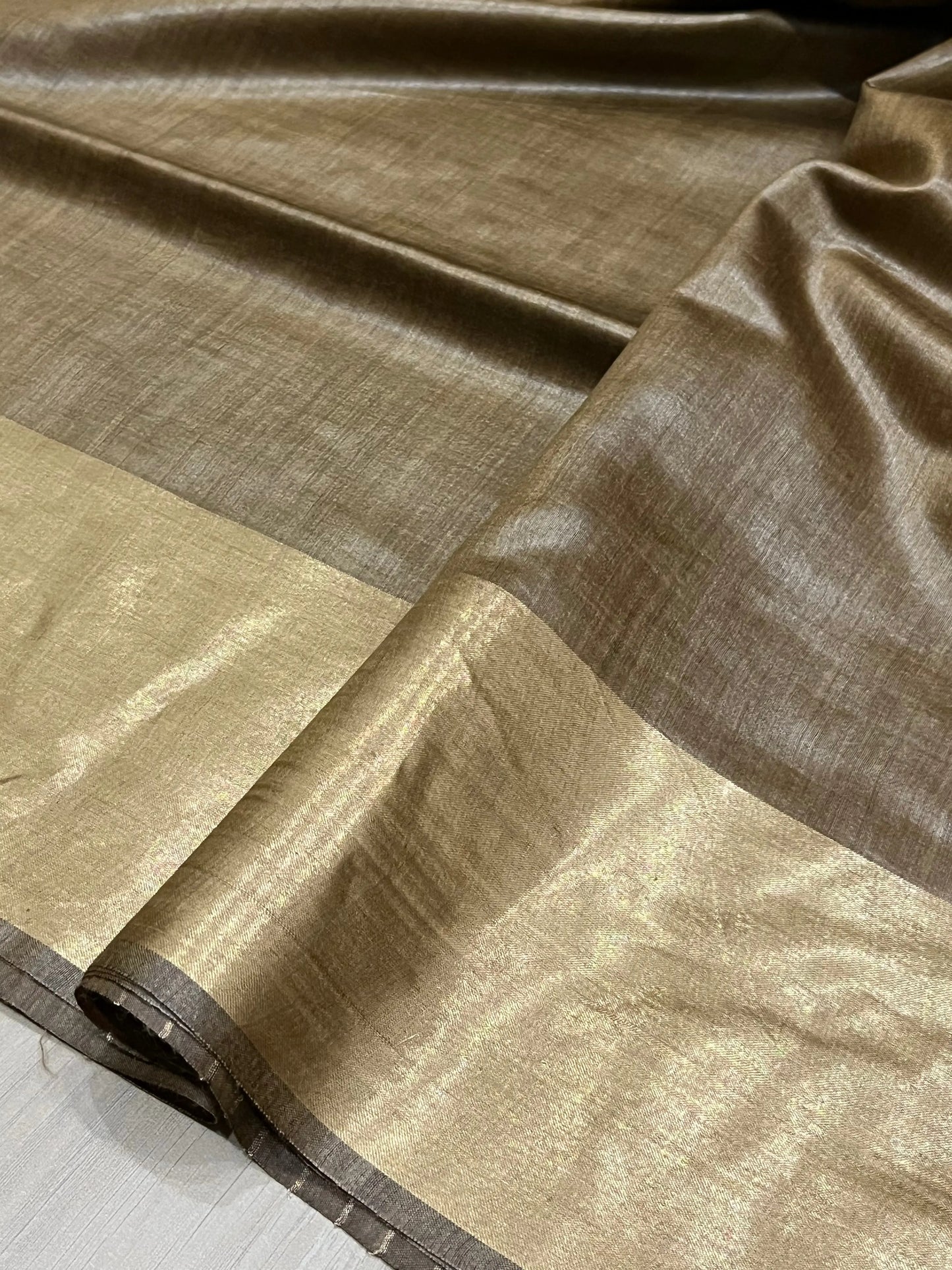 Golden brown Shade Handwoven Munga Tussar Silk Saree | Golden Zari Border | KIHUMS Saree kihums clothing