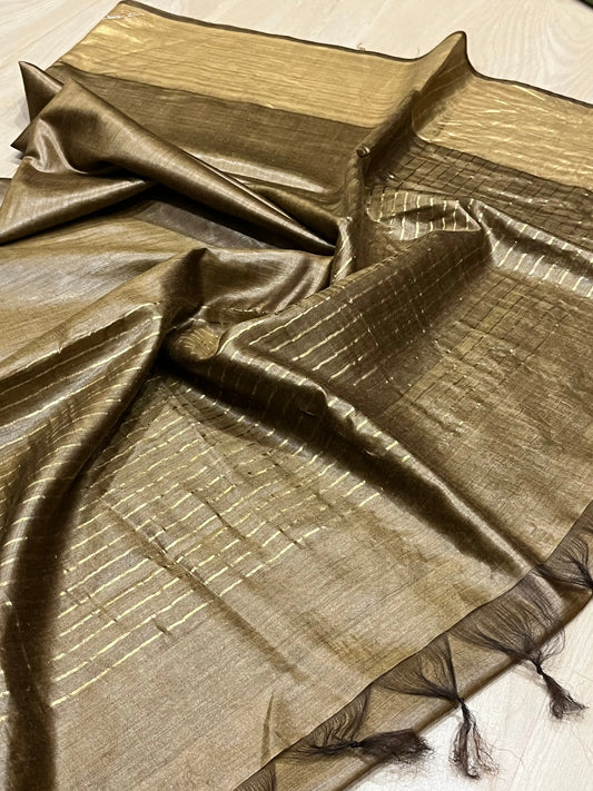 Golden brown Shade Handwoven Munga Tussar Silk Saree | Golden Zari Border | KIHUMS Saree kihums clothing