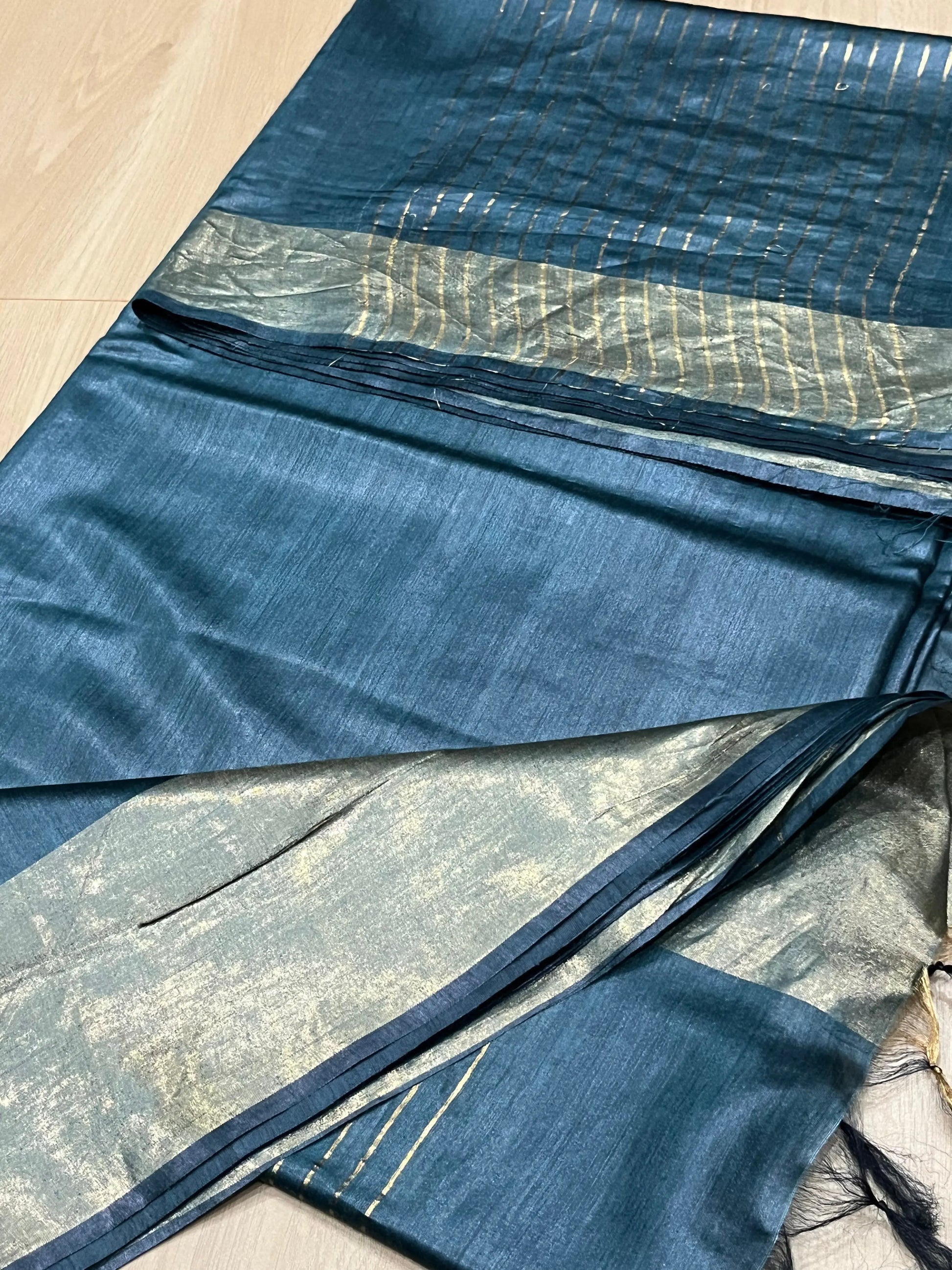 Blue Shade Handwoven Munga Tussar Silk Saree | Golden Zari Border | KIHUMS Saree kihums clothing