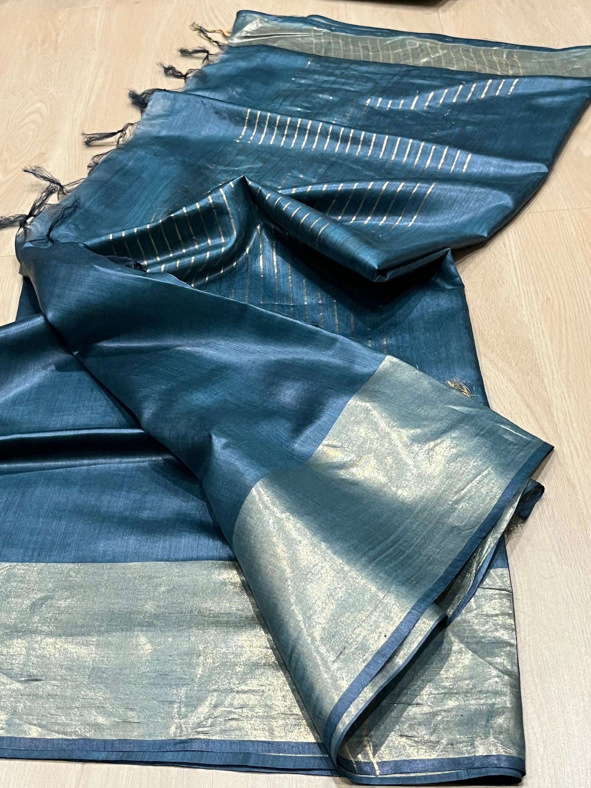 Blue Shade Handwoven Munga Tussar Silk Saree | Golden Zari Border | KIHUMS Saree kihums clothing