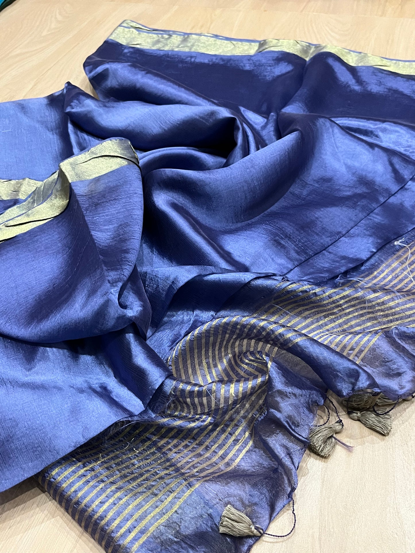 Blue Handmade Silk Viscose Saree | Gold Zari Border | KIHUMS Saree