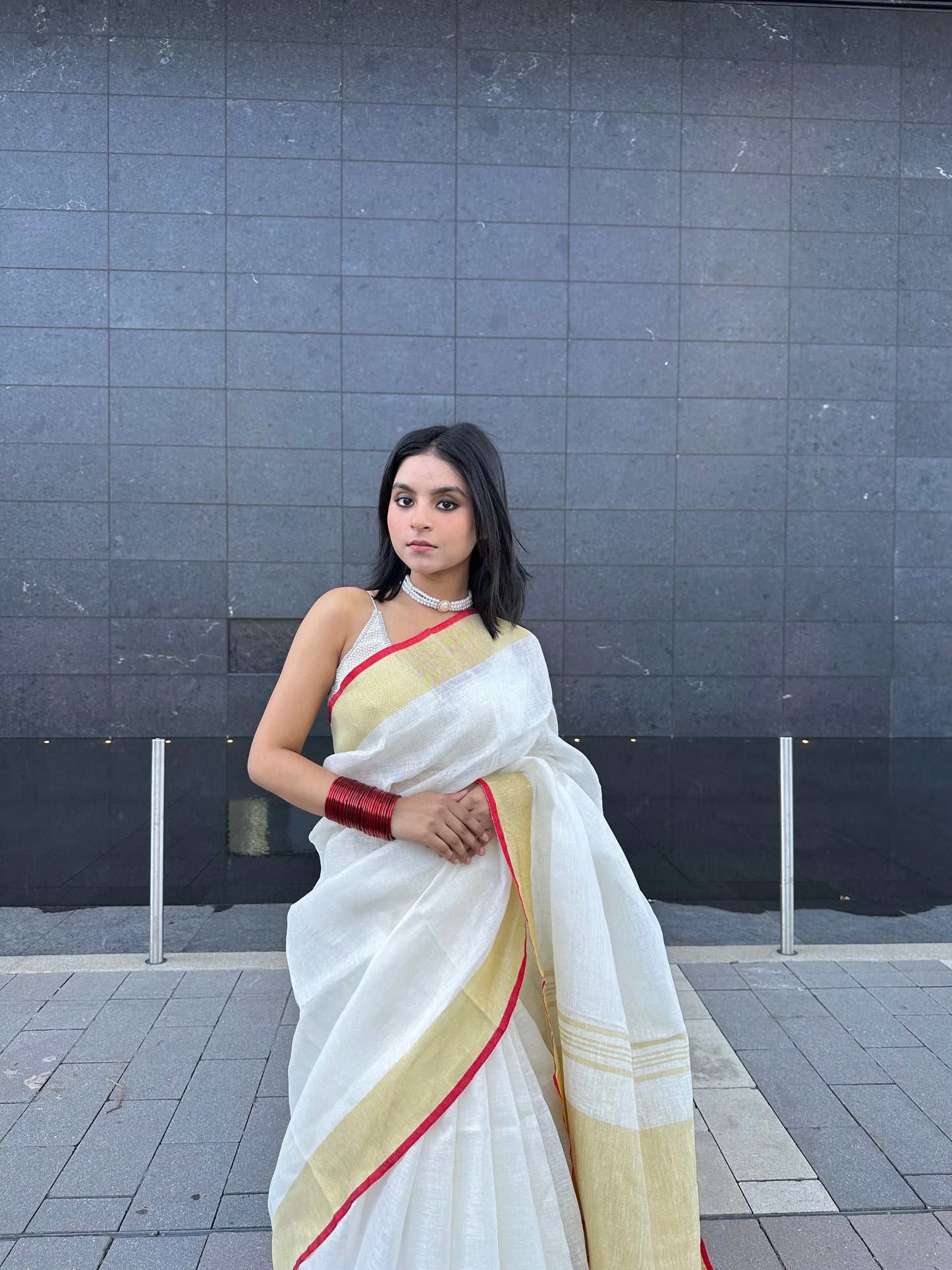 White Handwoven organic Linen Saree | Gold Zari border| KIHUMS Saree kihums clothing