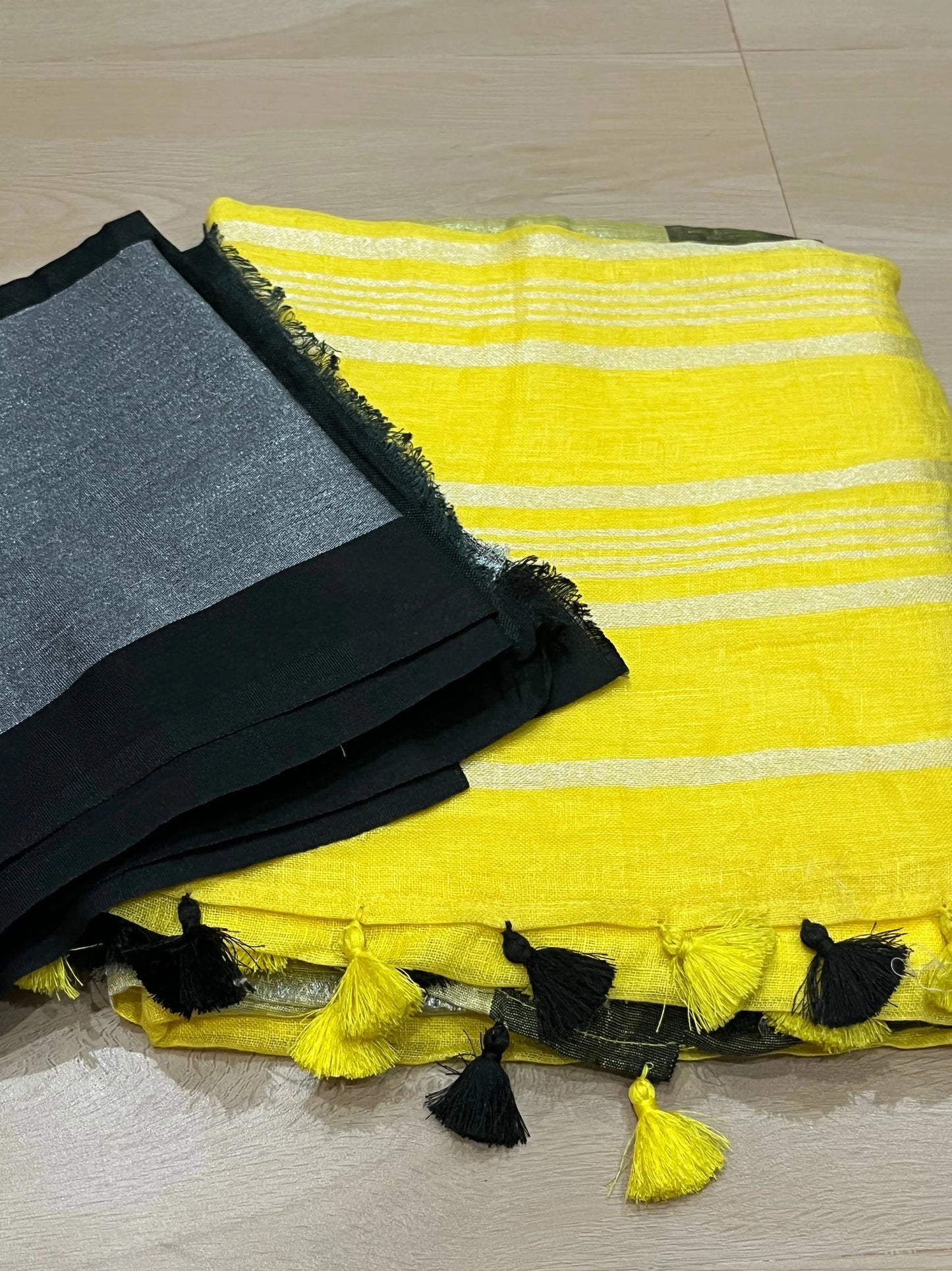 Yellow Handwoven organic Linen Saree | Silver border| KIHUMS Saree kihums clothing