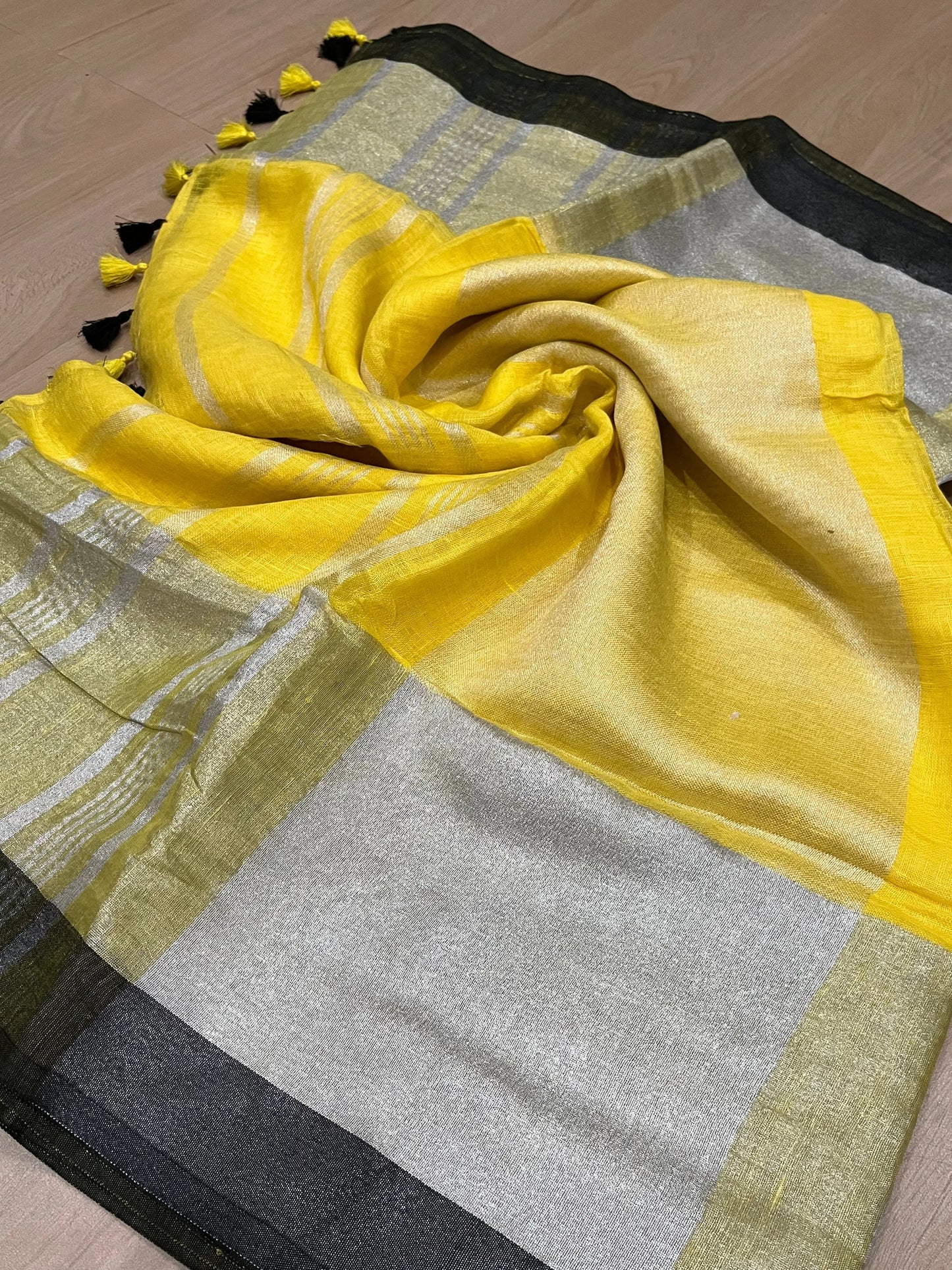 Yellow Handwoven organic Linen Saree | Silver border| KIHUMS Saree kihums clothing