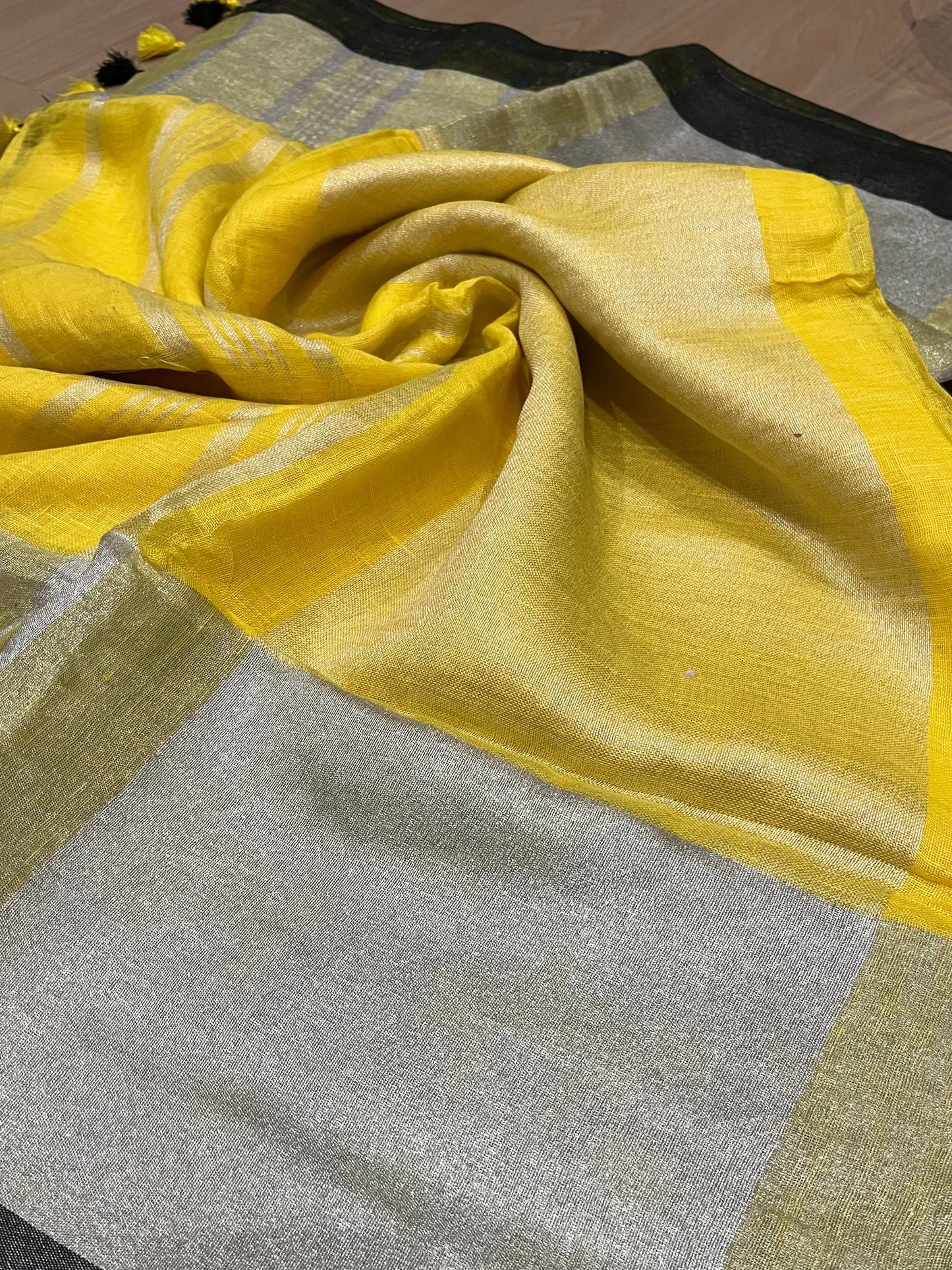 Yellow Handwoven organic Linen Saree | Silver border| KIHUMS Saree kihums clothing