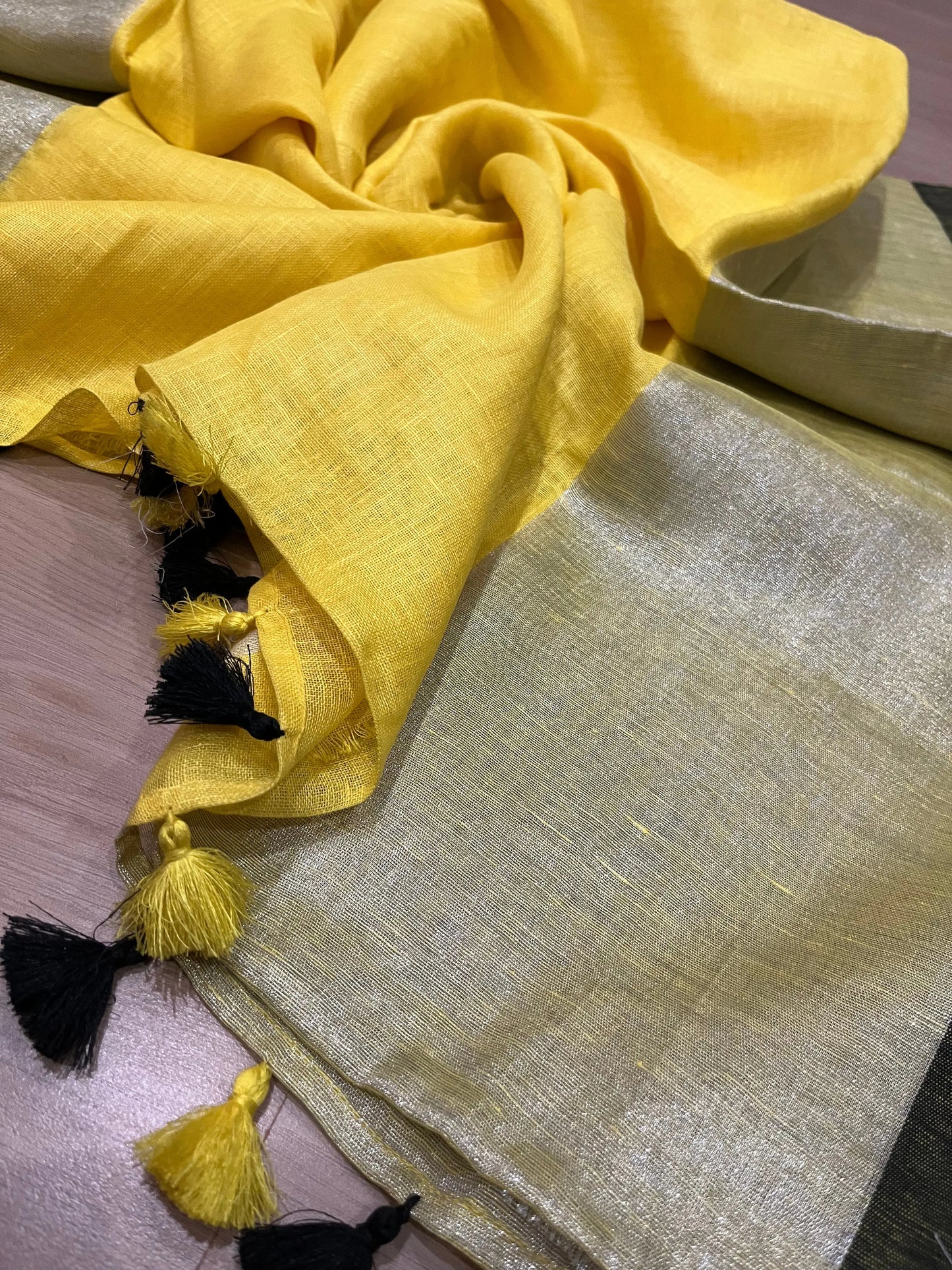 Yellow Handwoven organic Linen Saree | Silver border| KIHUMS Saree kihums clothing