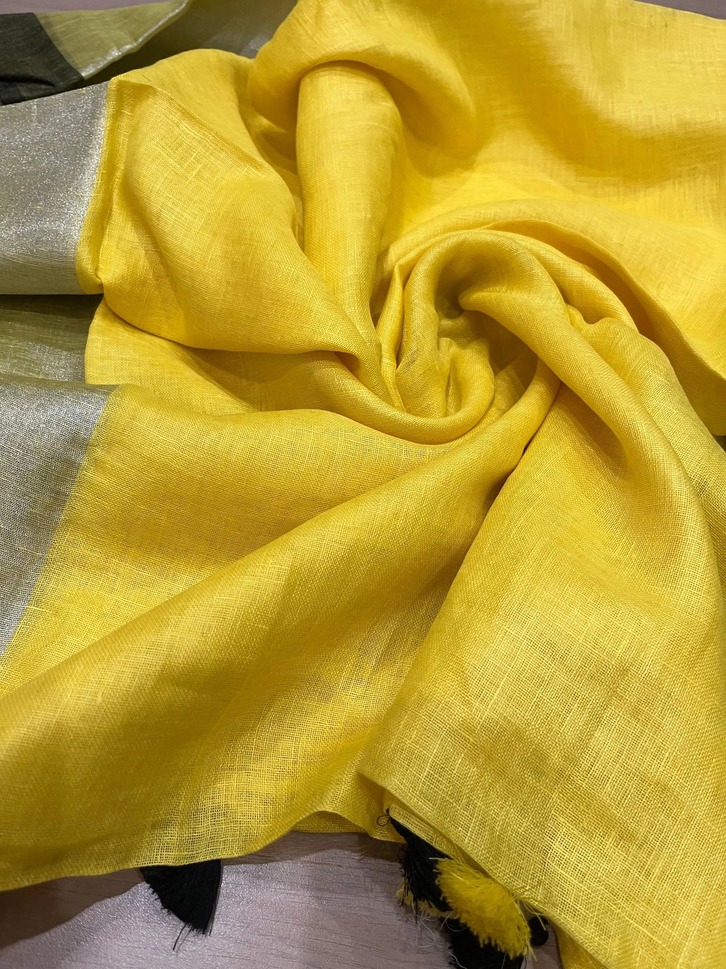 Yellow Handwoven organic Linen Saree | Silver border| KIHUMS Saree kihums clothing