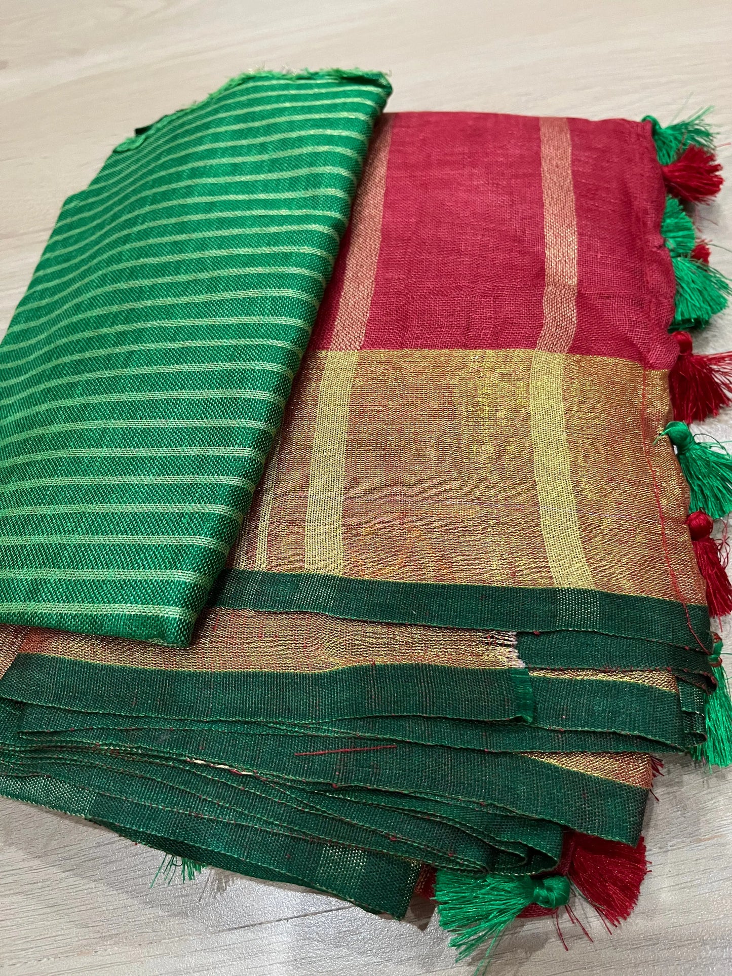 Red Handwoven organic Linen Saree |Gold Zari border| KIHUMS Saree