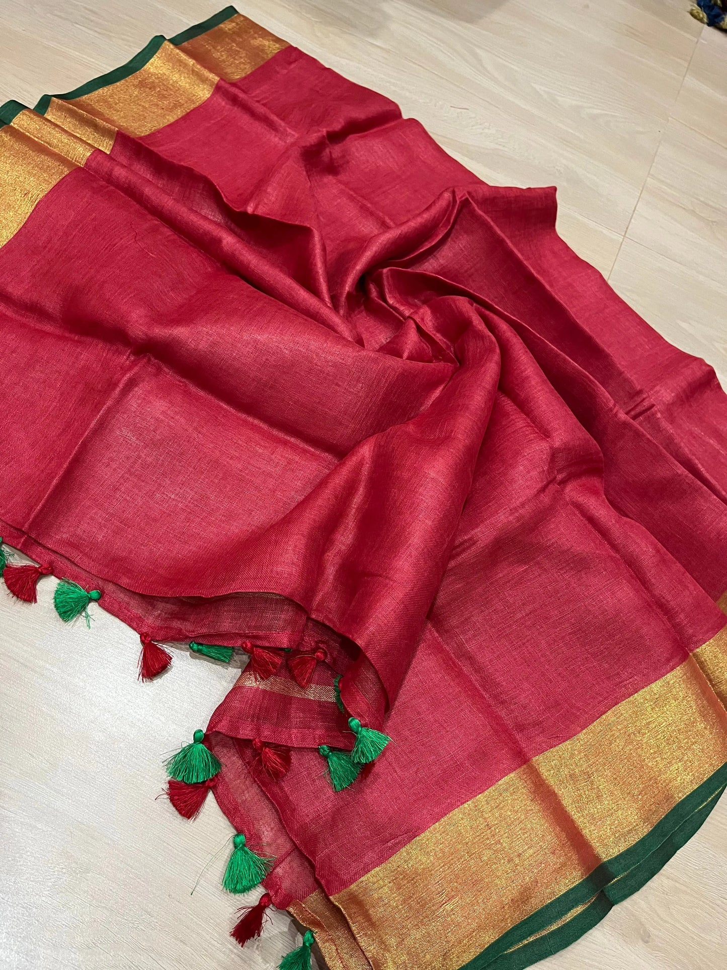 Red Handwoven organic Linen Saree |Gold Zari border| KIHUMS Saree