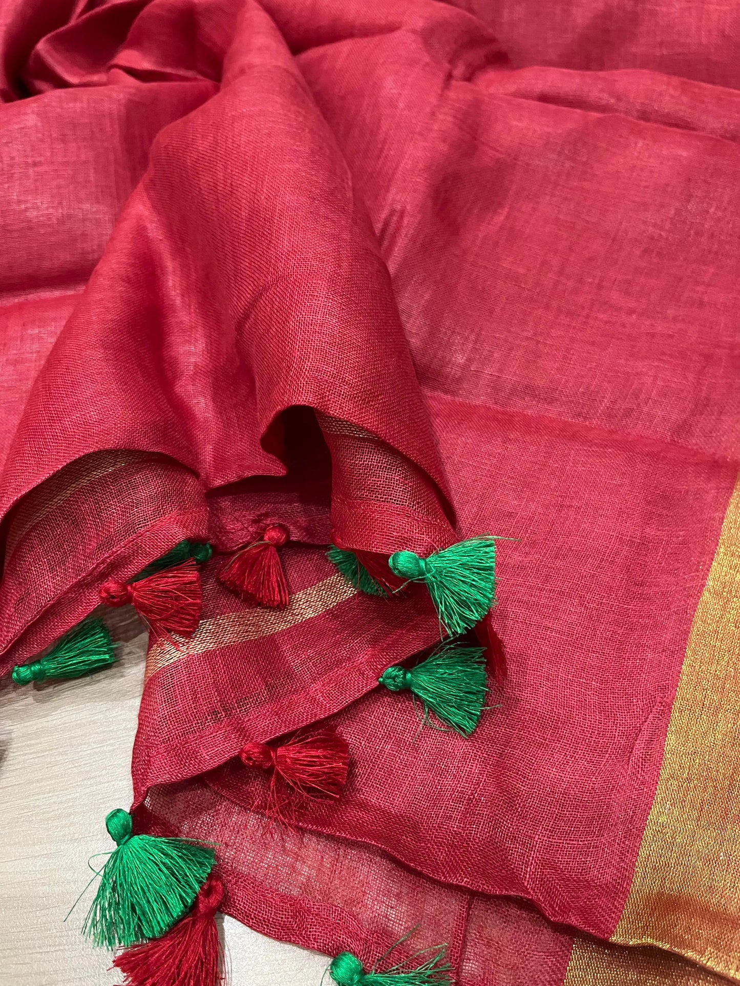 Red Handwoven organic Linen Saree |Gold Zari border| KIHUMS Saree