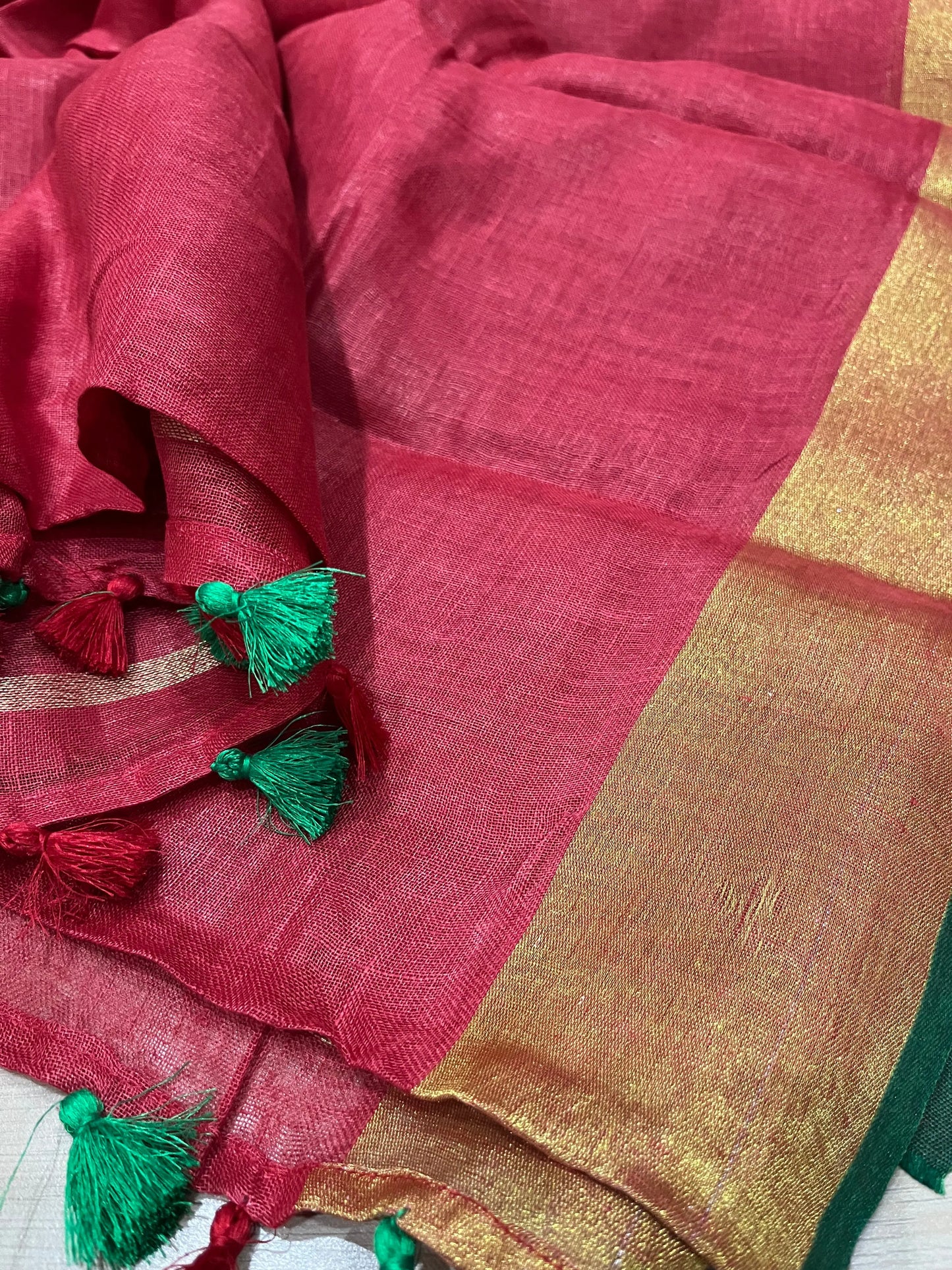 Red Handwoven organic Linen Saree |Gold Zari border| KIHUMS Saree