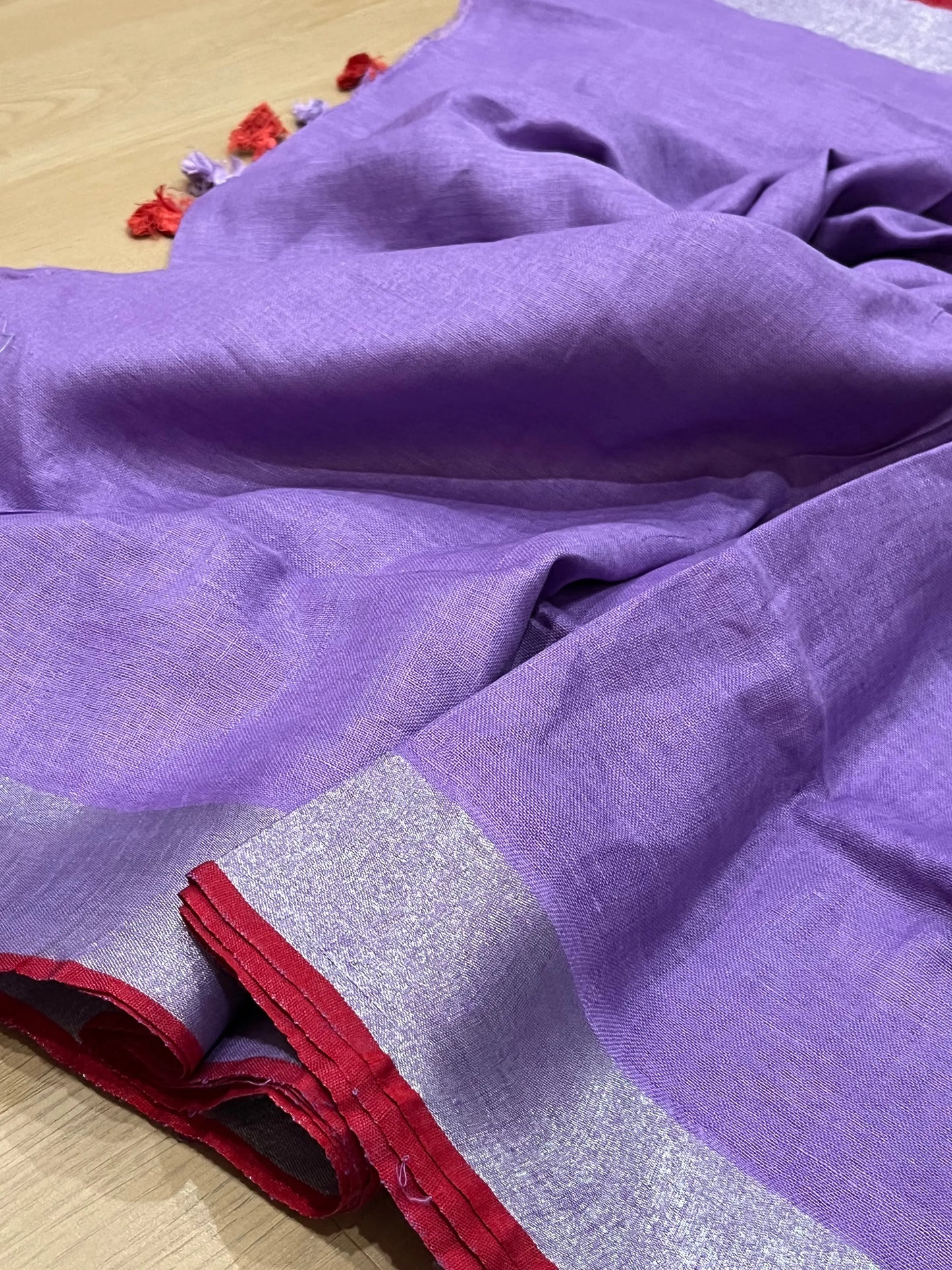 Lavender Handwoven organic Linen Saree |Silver Zari border| KIHUMS Saree