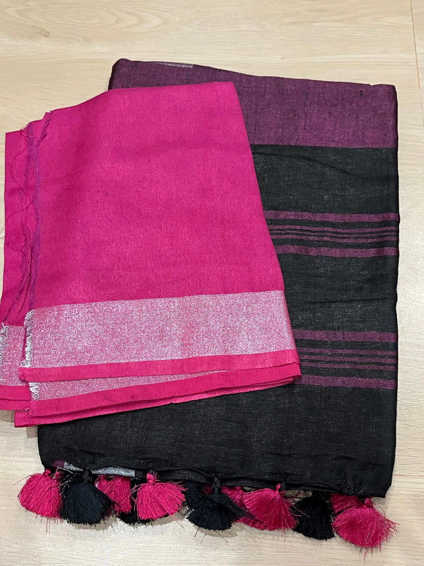 Black Handwoven organic Linen Saree |Silver Zari border| KIHUMS Saree