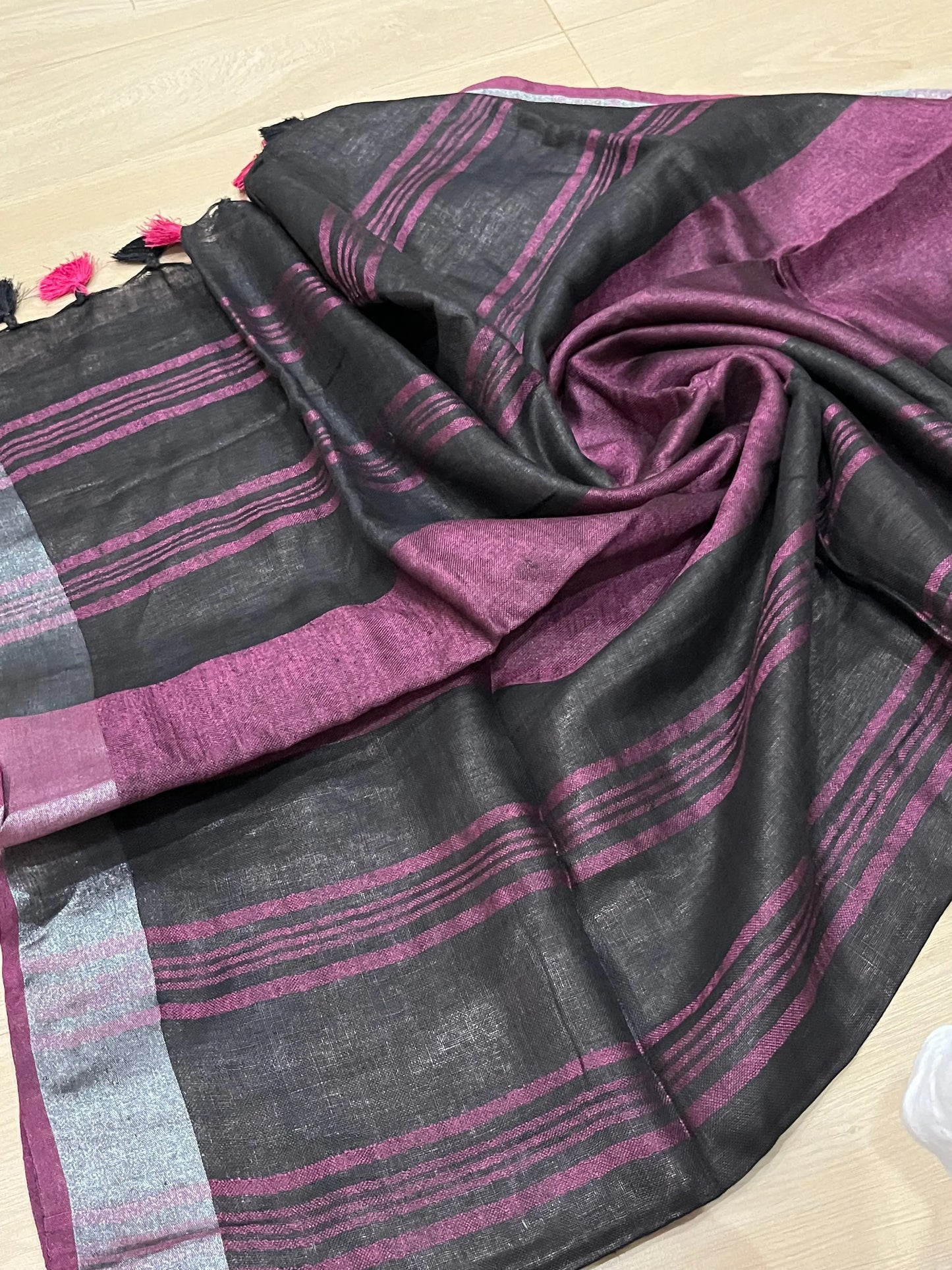 Black Handwoven organic Linen Saree |Silver Zari border| KIHUMS Saree