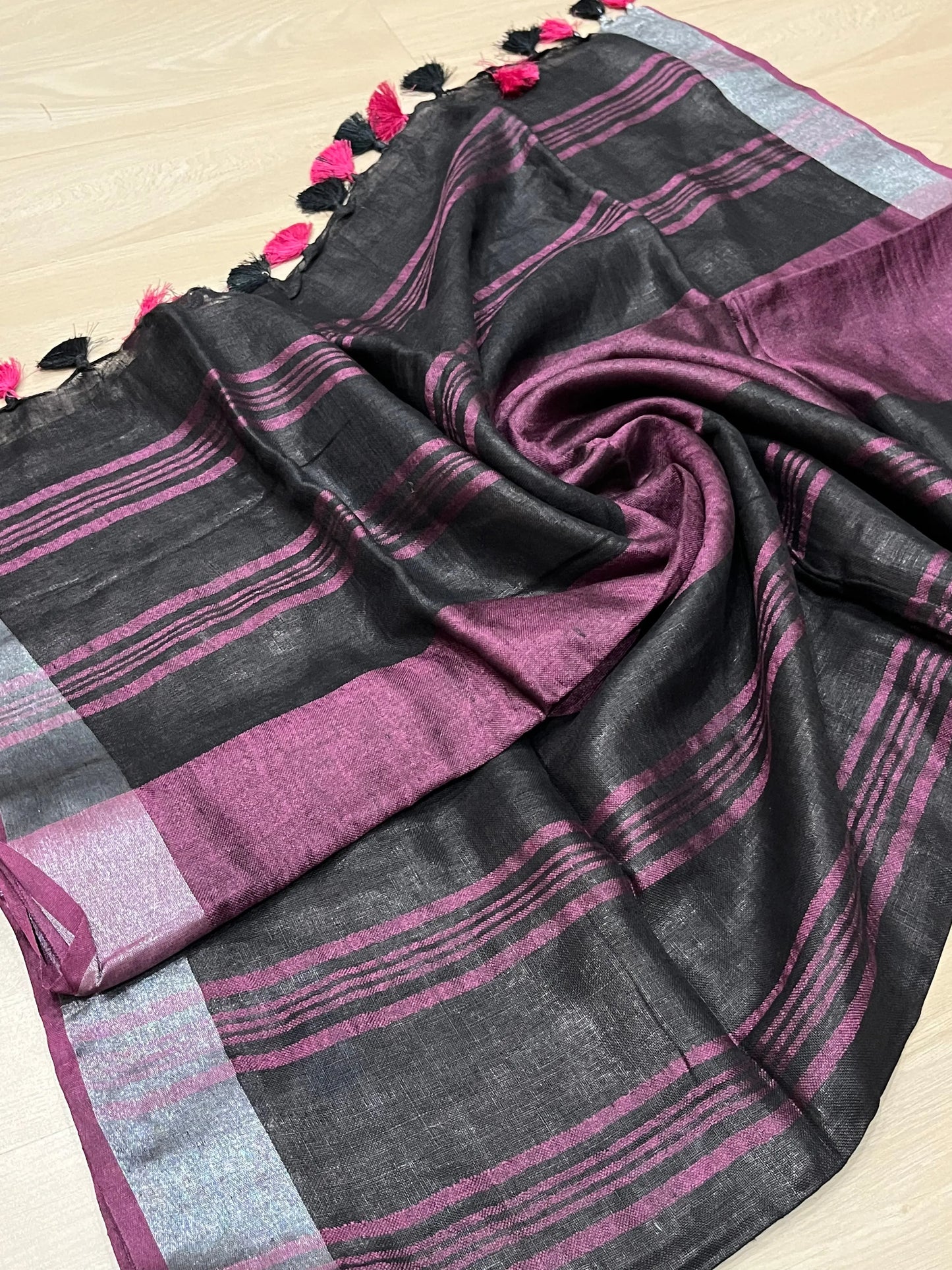 Black Handwoven organic Linen Saree |Silver Zari border| KIHUMS Saree