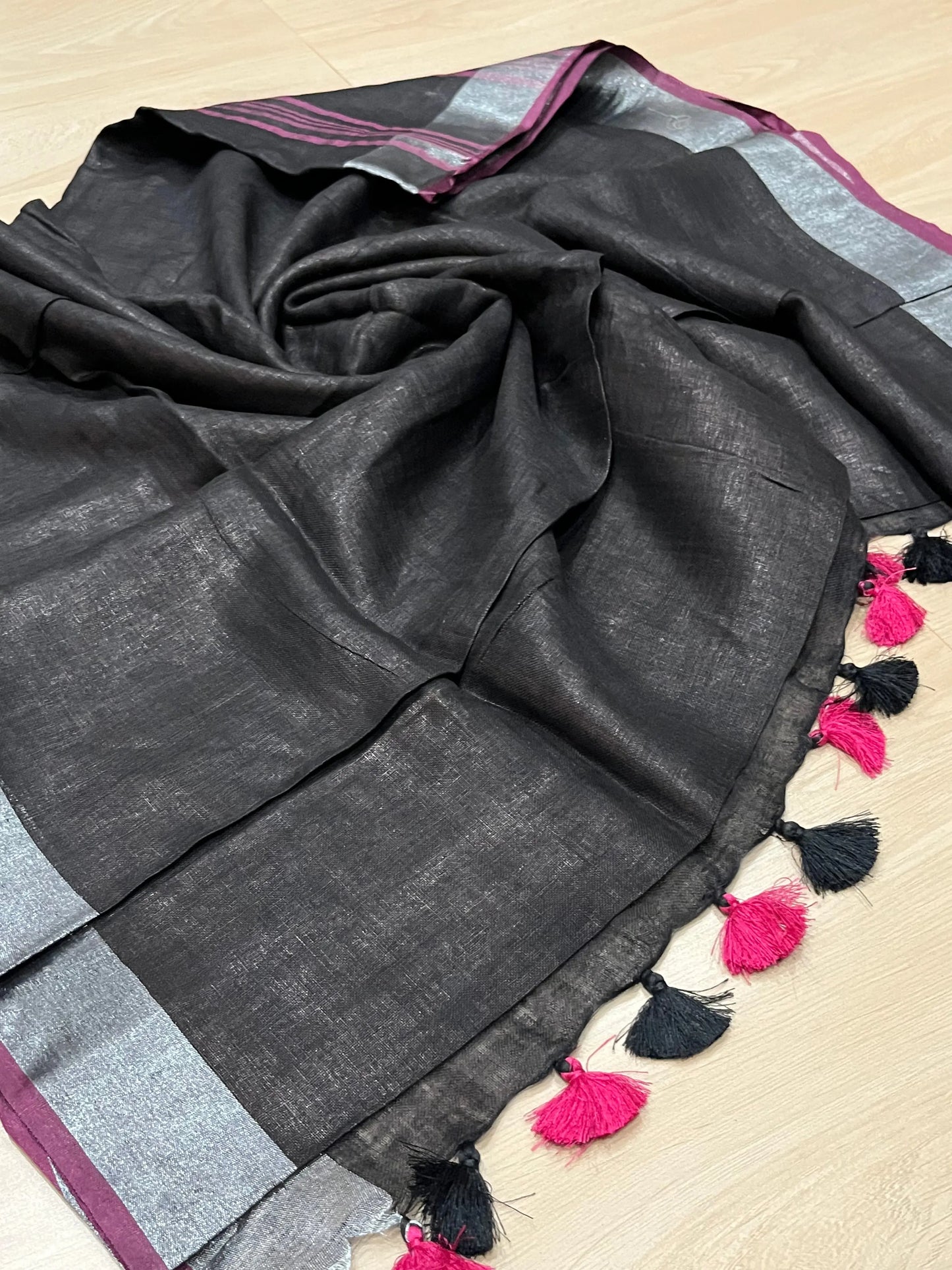Black Handwoven organic Linen Saree |Silver Zari border| KIHUMS Saree