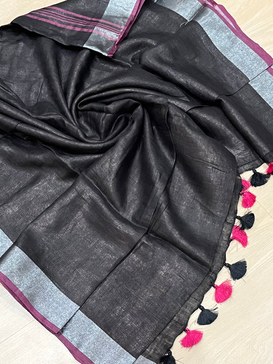 Black Handwoven organic Linen Saree |Silver Zari border| KIHUMS Saree
