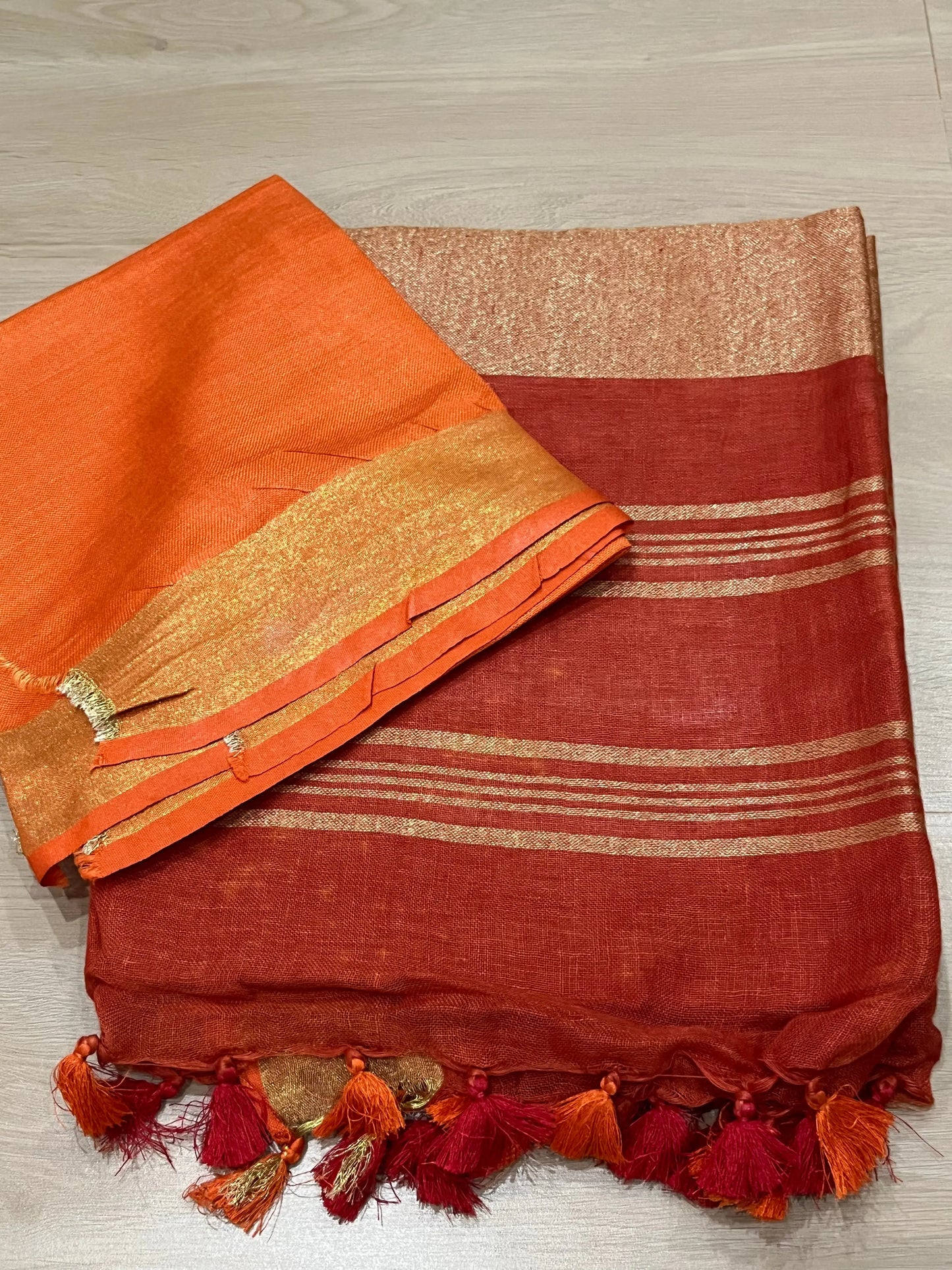 Red Handwoven organic Linen Saree |Gold Zari border| KIHUMS Saree
