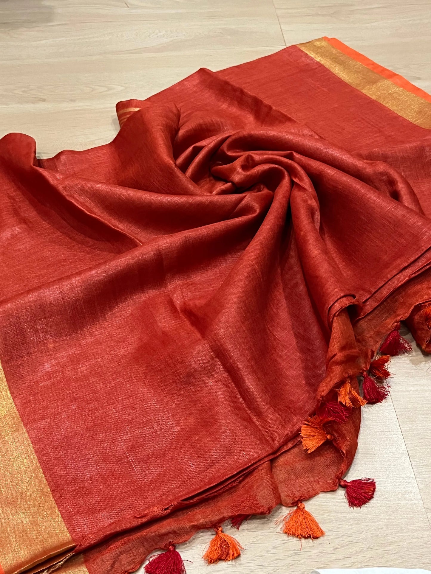 Red Handwoven organic Linen Saree |Gold Zari border| KIHUMS Saree