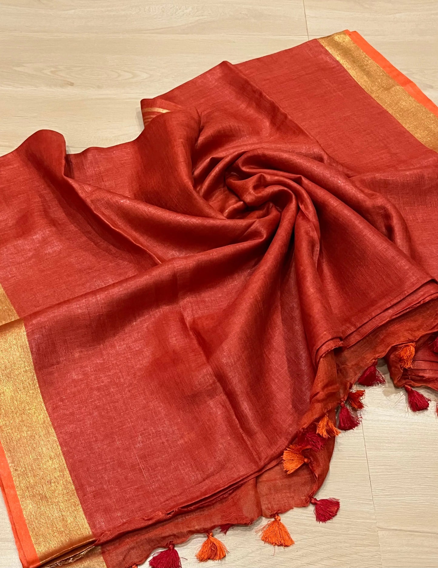 Red Handwoven organic Linen Saree |Gold Zari border| KIHUMS Saree