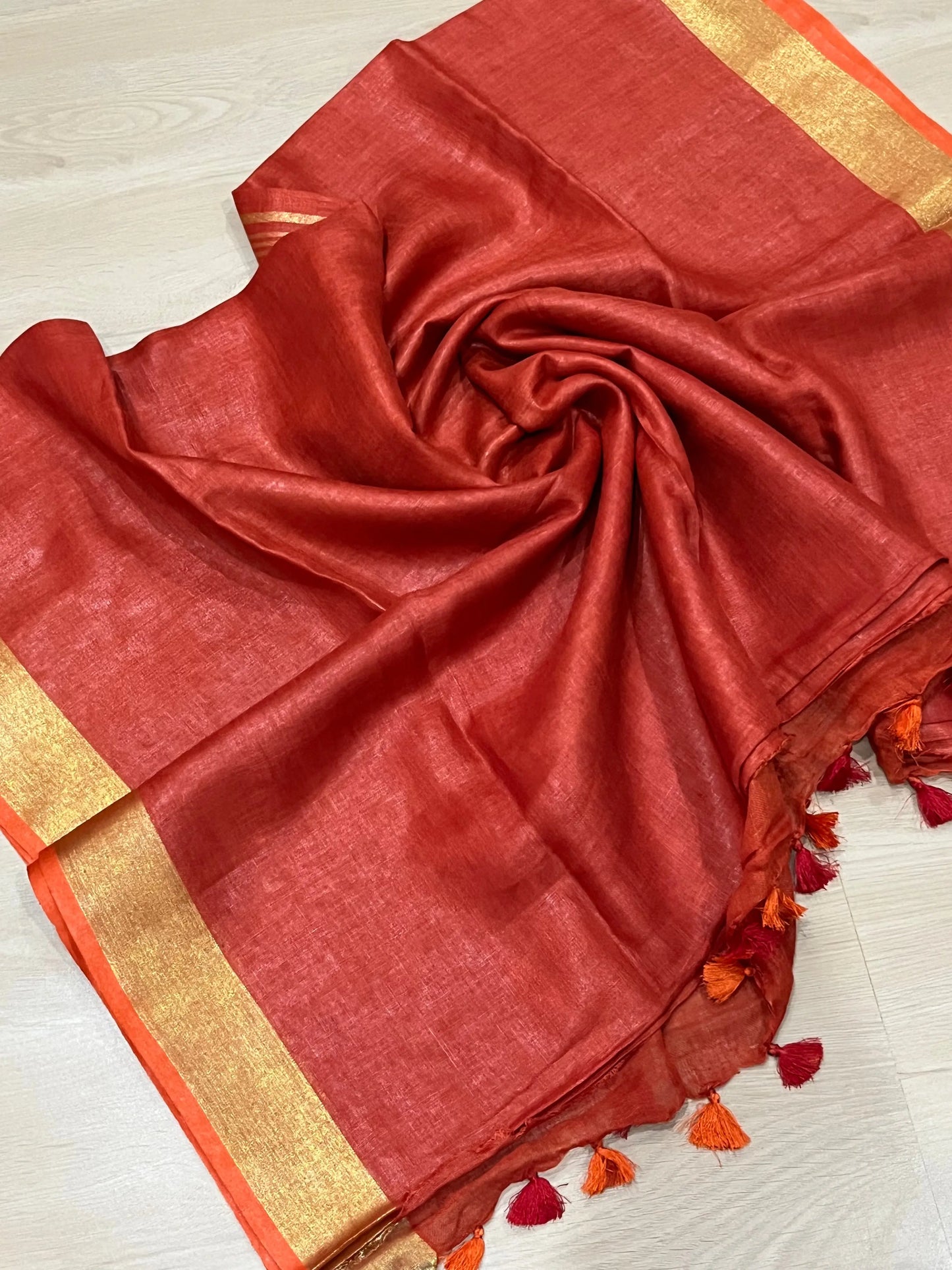 Red Handwoven organic Linen Saree |Gold Zari border| KIHUMS Saree