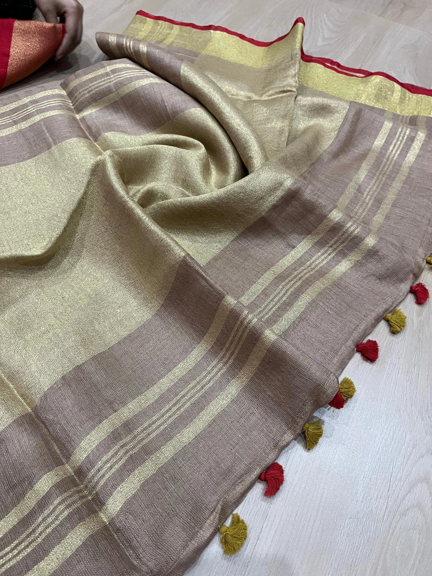 Sand beige Handwoven organic Linen Saree |Gold Zari border| KIHUMS Saree kihums clothing