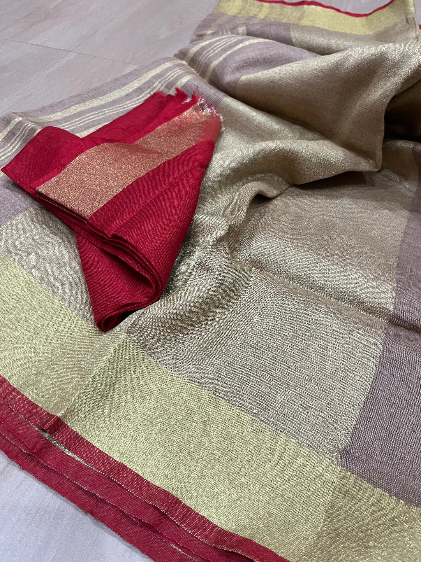 Sand beige Handwoven organic Linen Saree |Gold Zari border| KIHUMS Saree kihums clothing