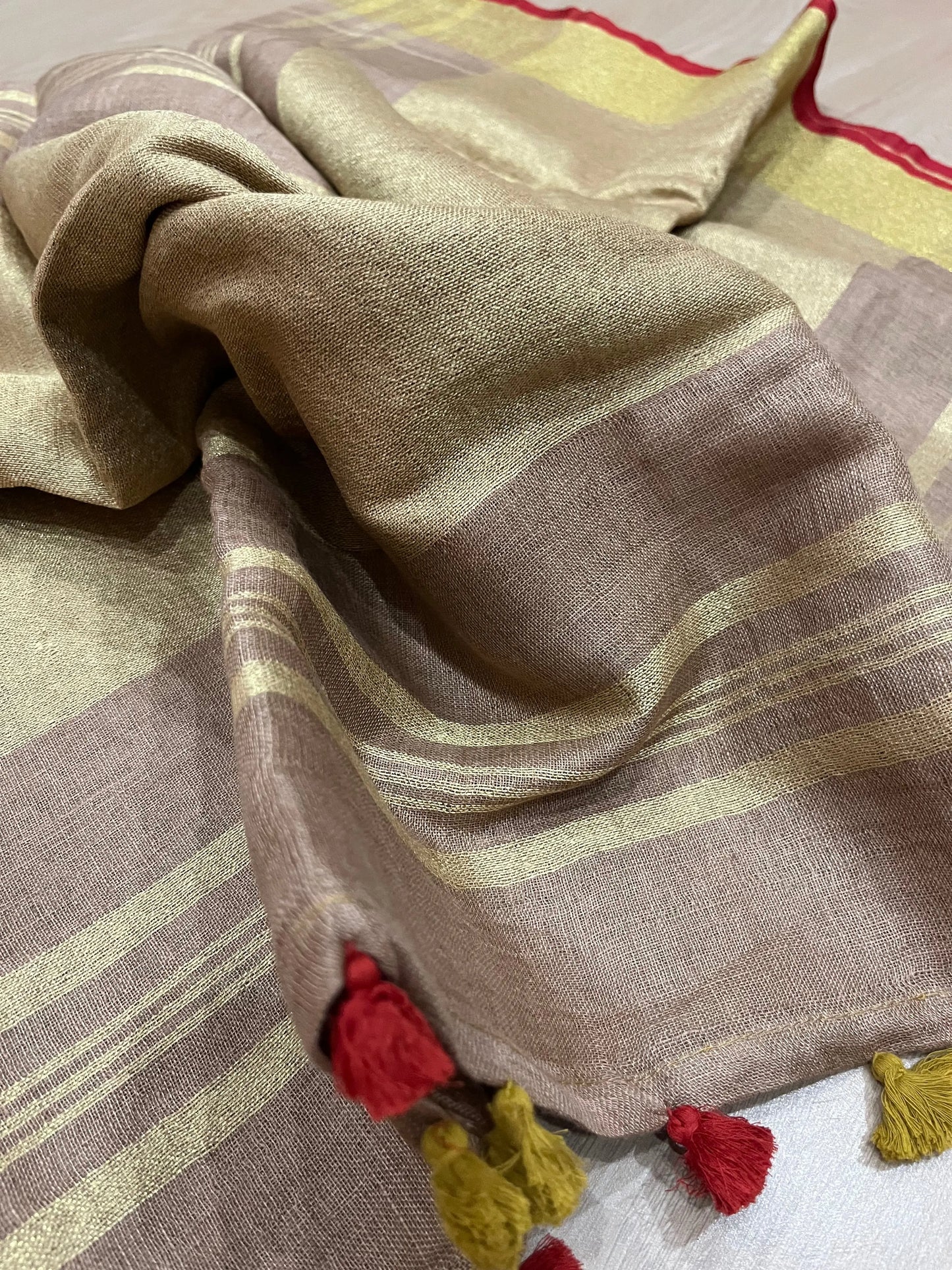 Sand beige Handwoven organic Linen Saree |Gold Zari border| KIHUMS Saree kihums clothing