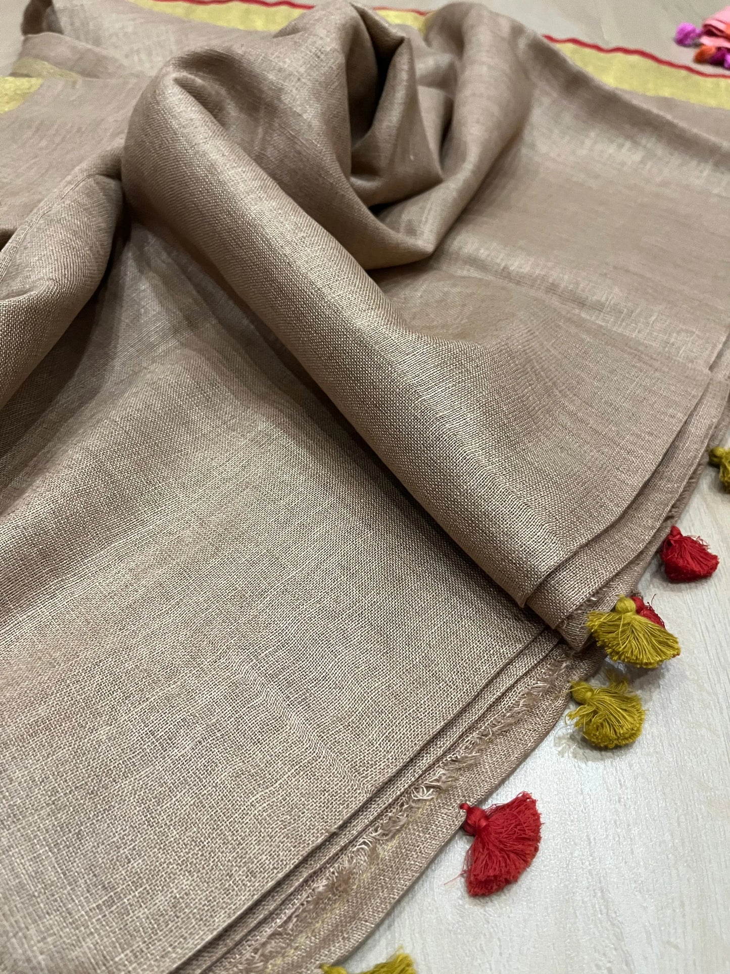 Sand beige Handwoven organic Linen Saree |Gold Zari border| KIHUMS Saree kihums clothing