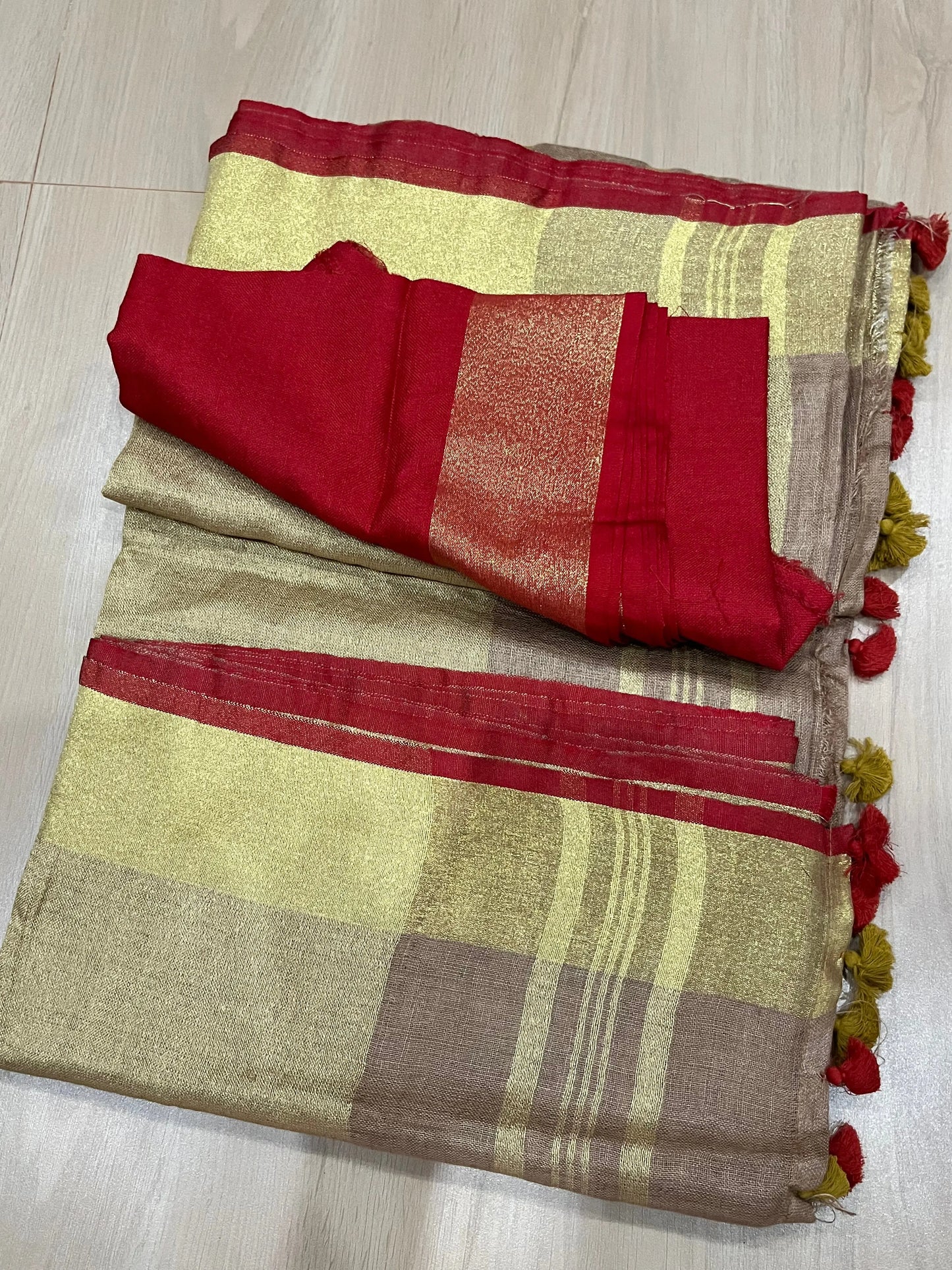 Sand beige Handwoven organic Linen Saree |Gold Zari border| KIHUMS Saree kihums clothing