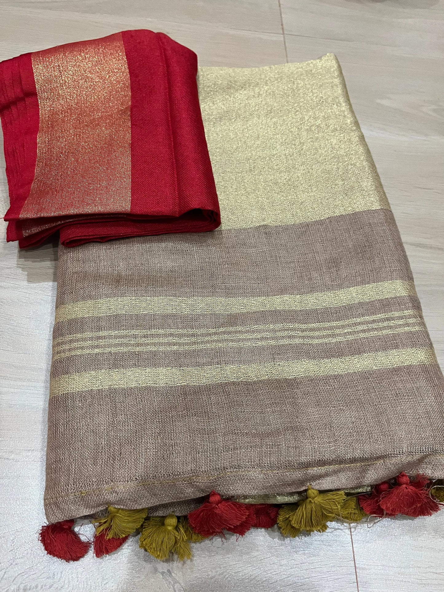Sand beige Handwoven organic Linen Saree |Gold Zari border| KIHUMS Saree kihums clothing