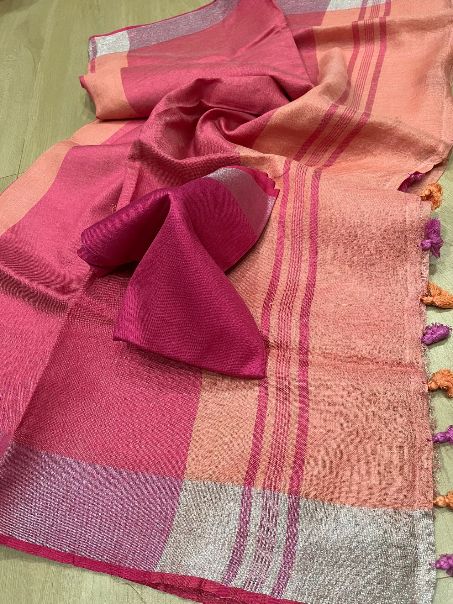 Salmon Shade Handwoven organic Linen Saree |Silver Zari border| KIHUMS Saree