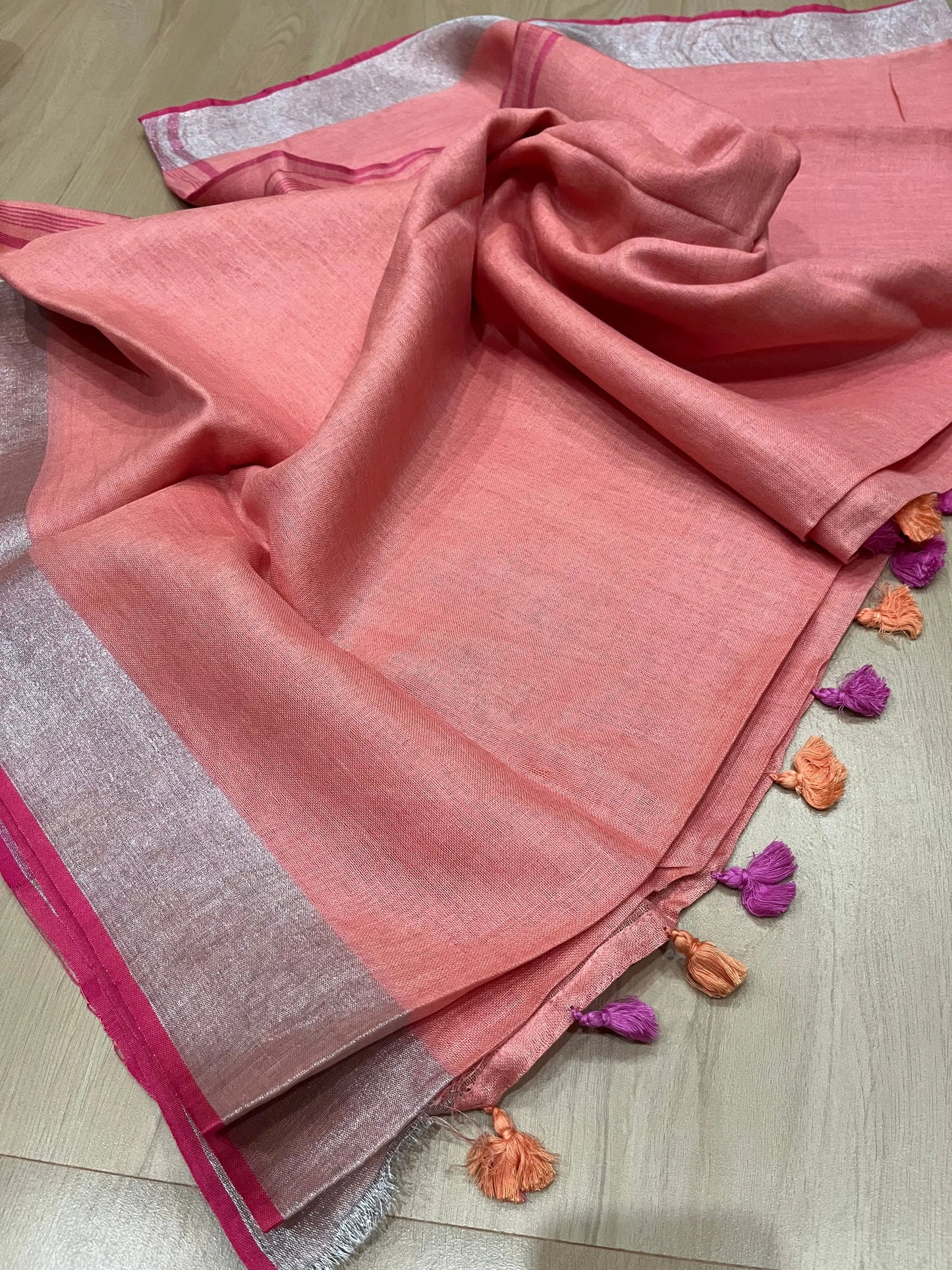 Salmon Shade Handwoven organic Linen Saree |Silver Zari border| KIHUMS Saree