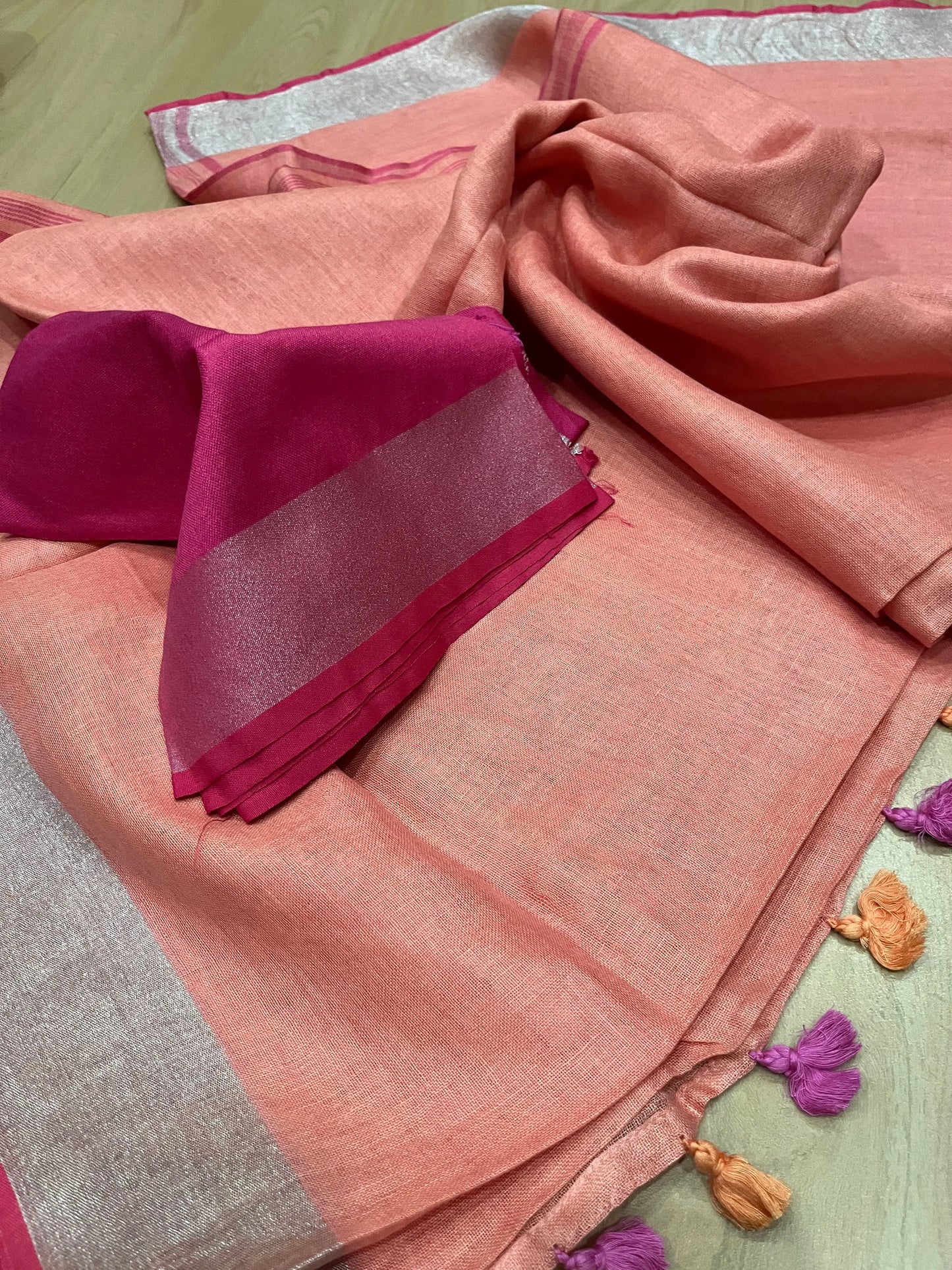 Salmon Shade Handwoven organic Linen Saree |Silver Zari border| KIHUMS Saree