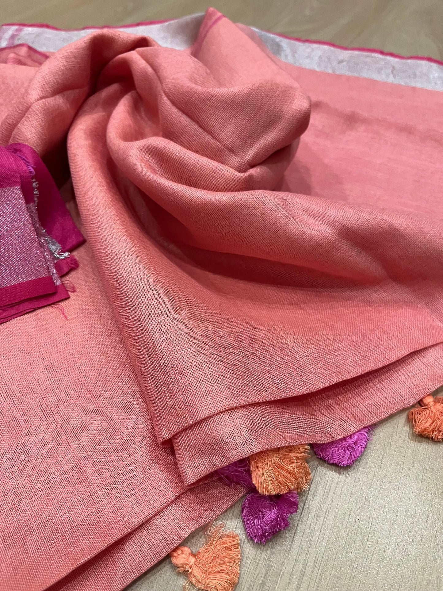 Salmon Shade Handwoven organic Linen Saree |Silver Zari border| KIHUMS Saree