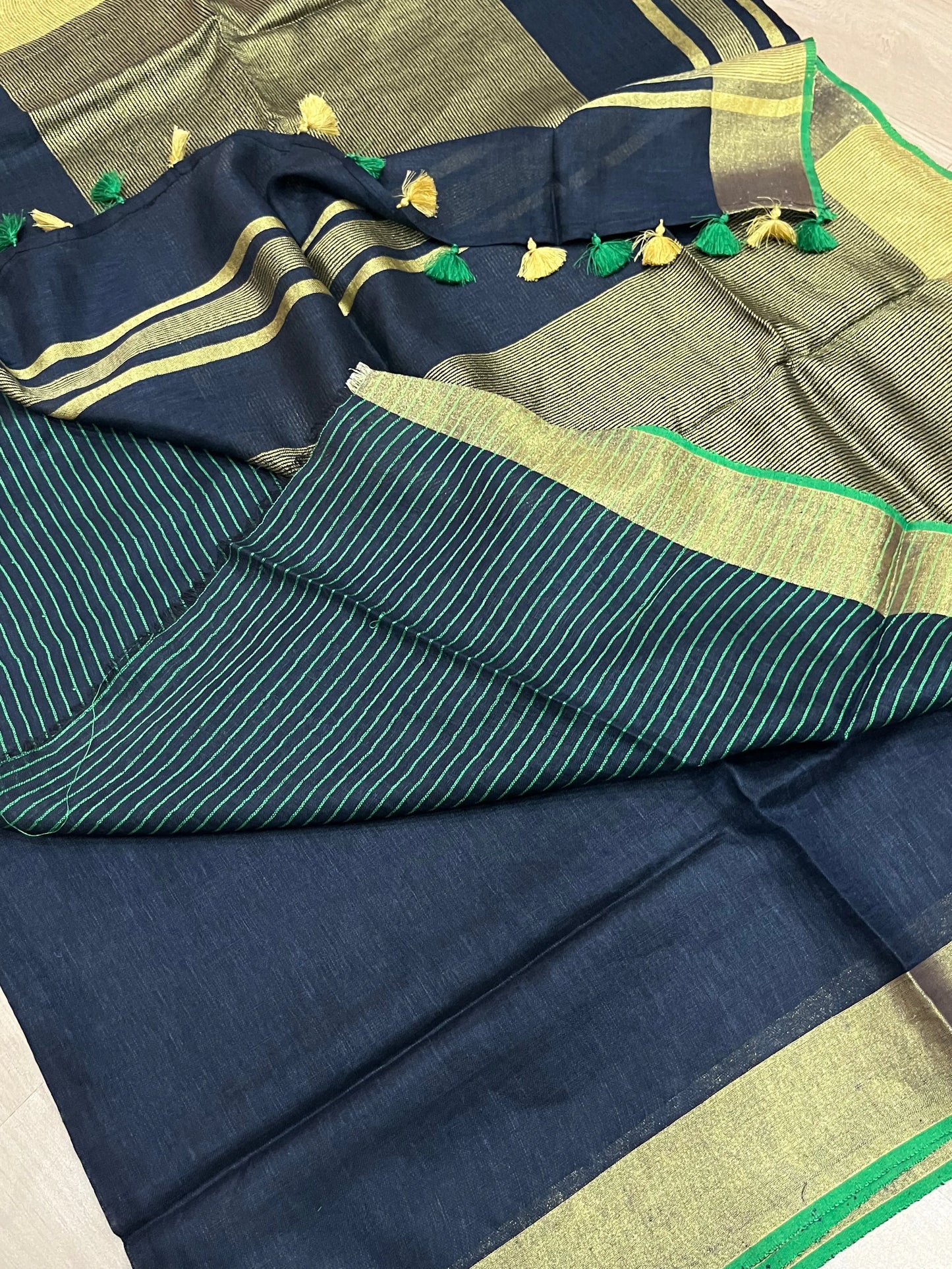 Blue Shade Handwoven organic Linen Saree | Gold Zari border| KIHUMS Saree kihums clothing