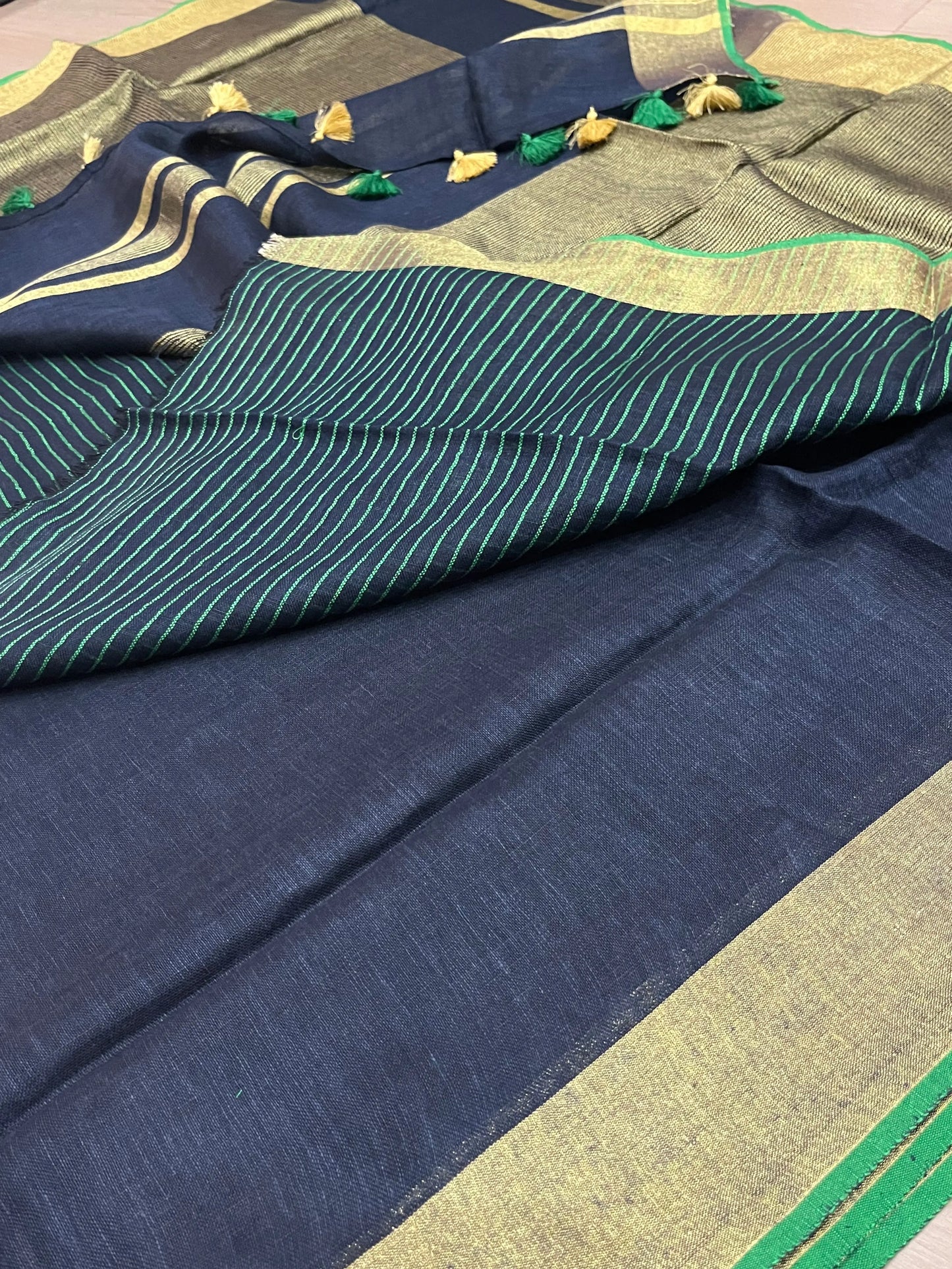 Blue Shade Handwoven organic Linen Saree | Gold Zari border| KIHUMS Saree kihums clothing