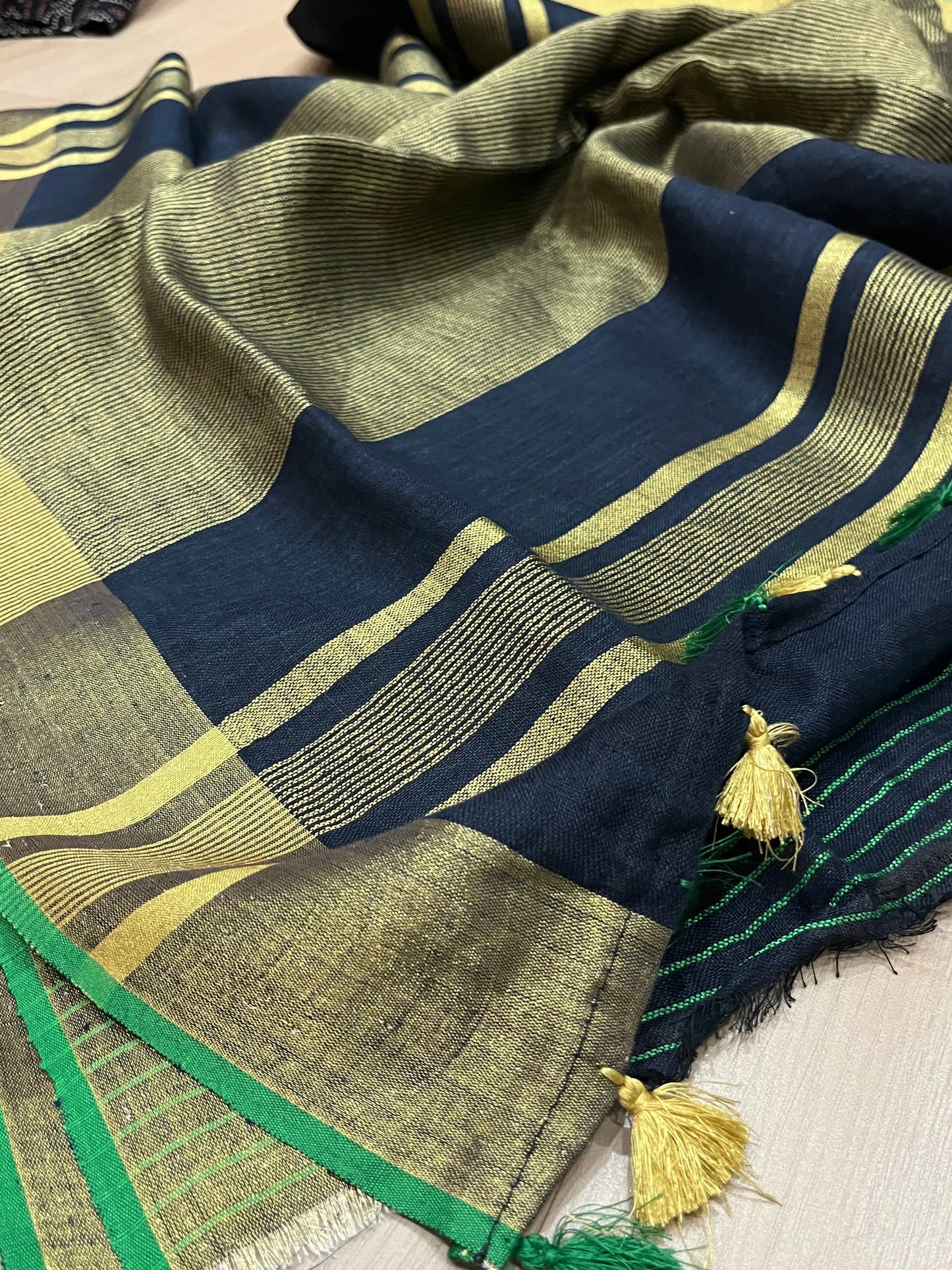 Blue Shade Handwoven organic Linen Saree | Gold Zari border| KIHUMS Saree kihums clothing