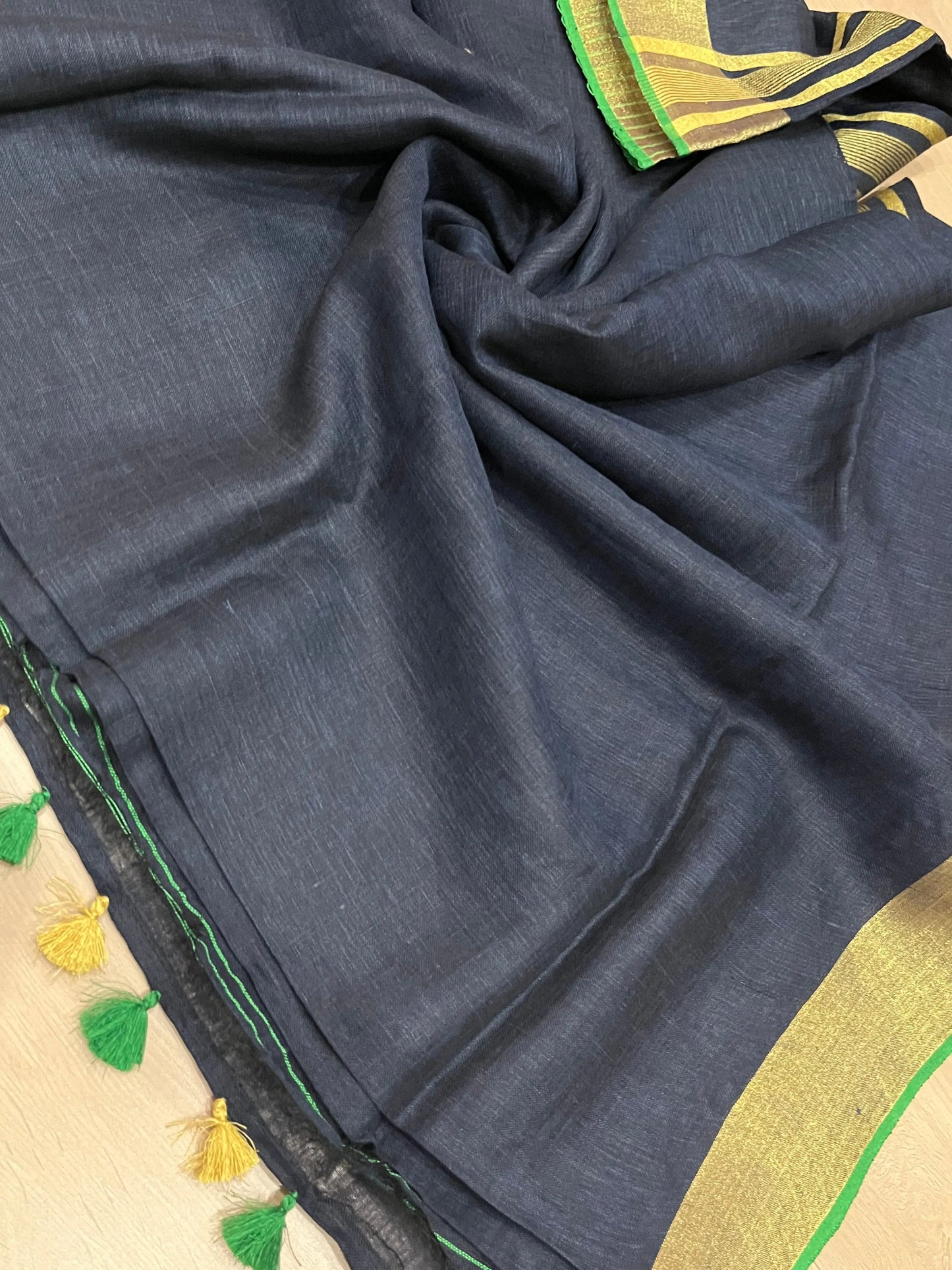 Blue Shade Handwoven organic Linen Saree | Gold Zari border| KIHUMS Saree kihums clothing