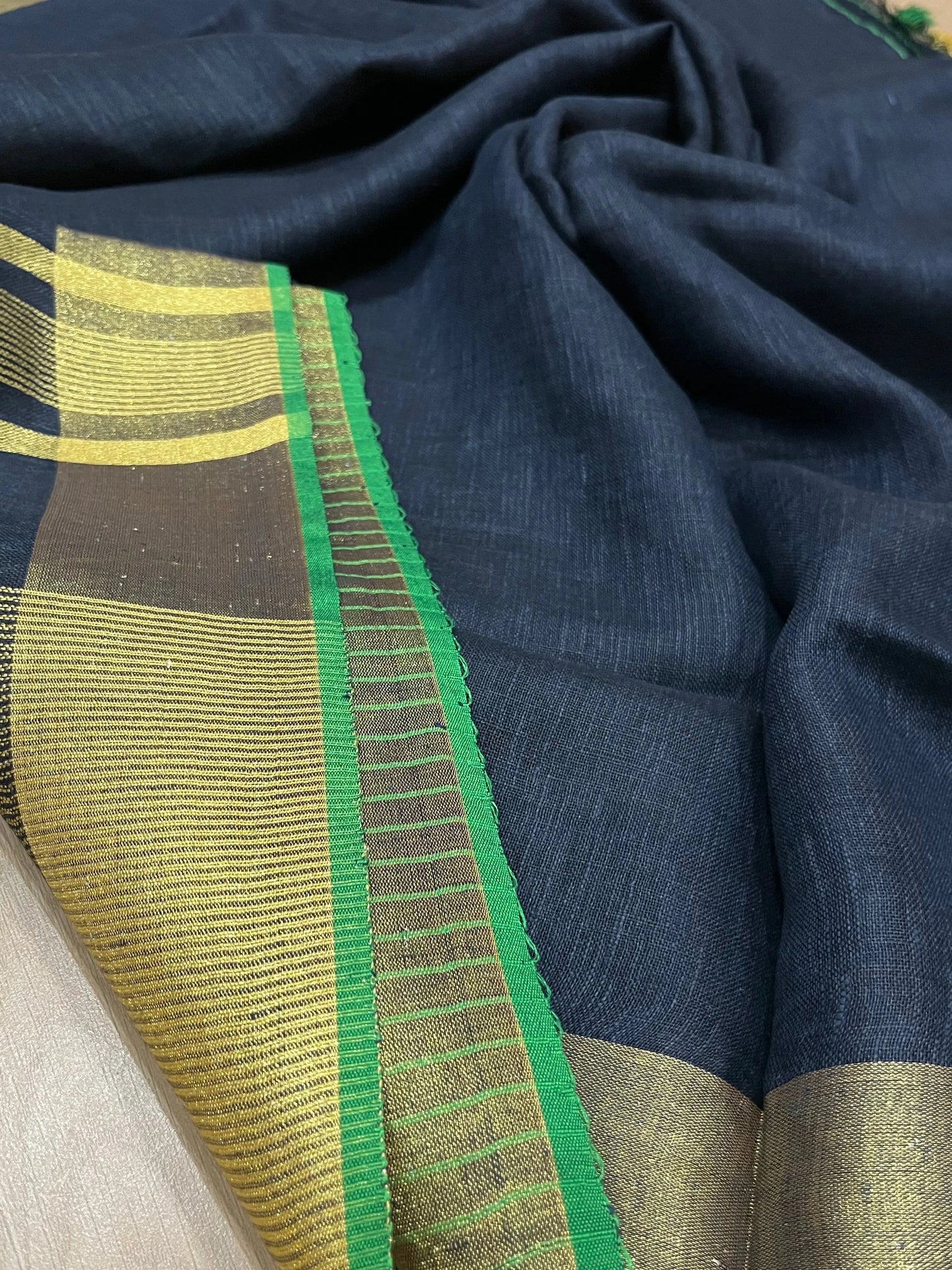 Blue Shade Handwoven organic Linen Saree | Gold Zari border| KIHUMS Saree kihums clothing