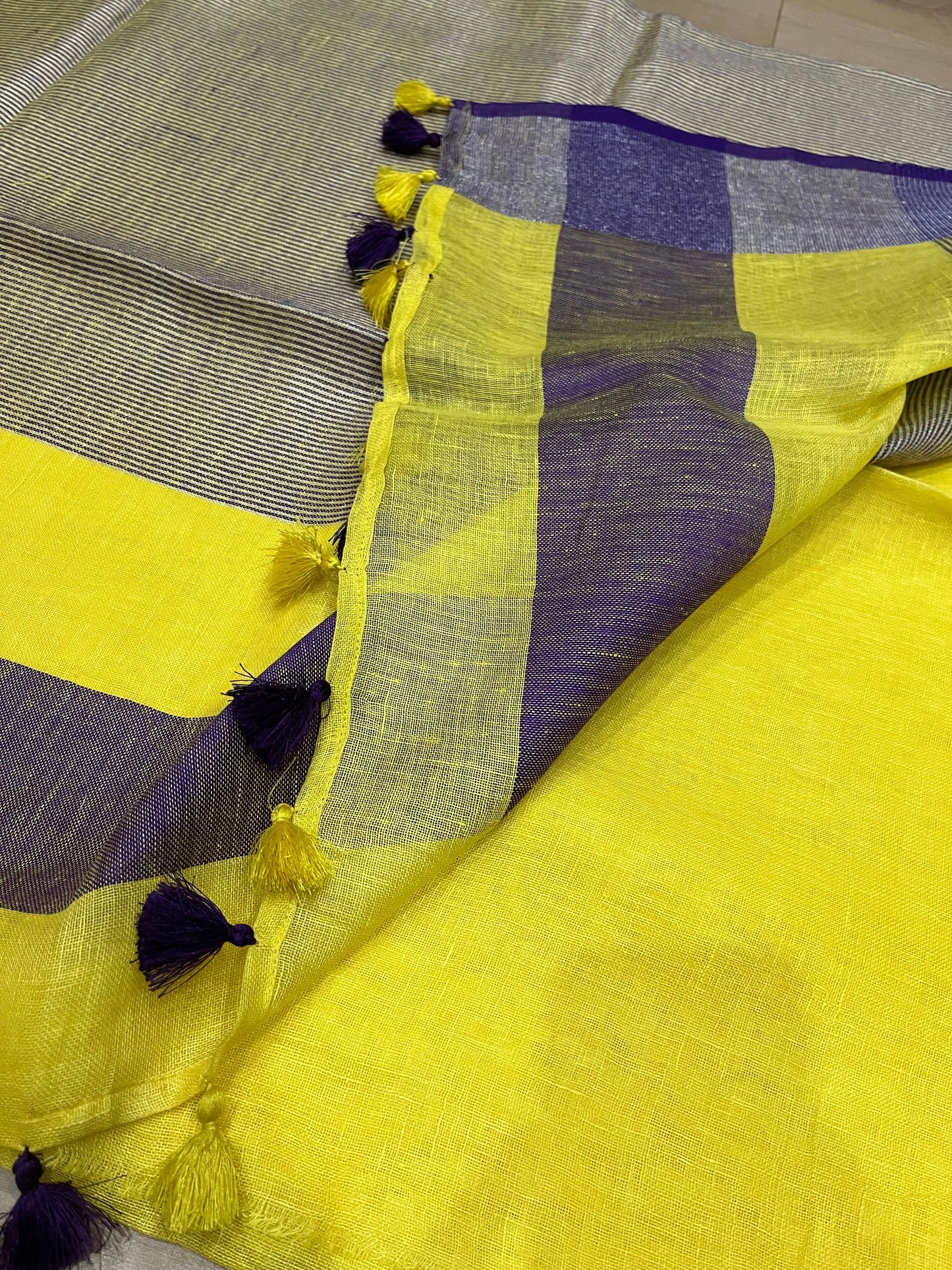 Yellow Shade Handwoven organic Linen Saree | Silver Zari border| KIHUMS Saree kihums clothing