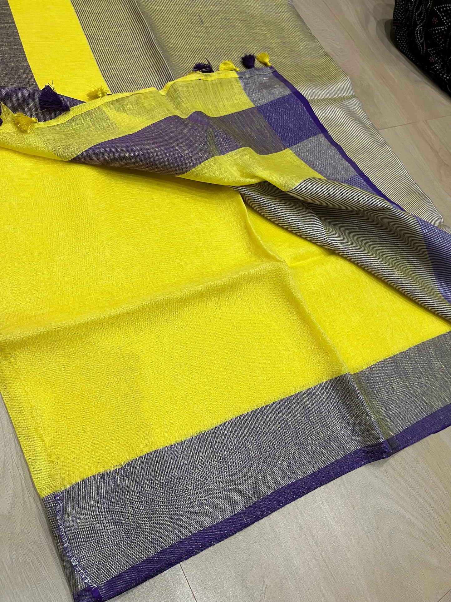 Yellow Shade Handwoven organic Linen Saree | Silver Zari border| KIHUMS Saree kihums clothing