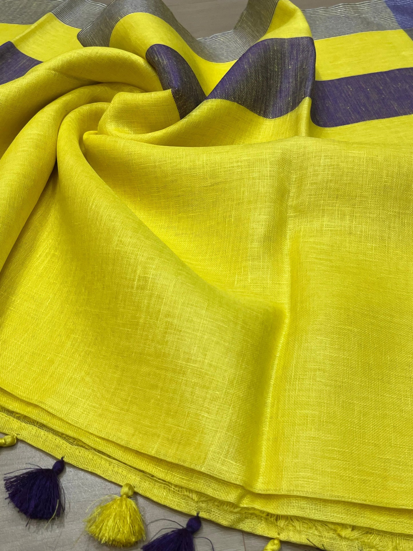 Yellow Shade Handwoven organic Linen Saree | Silver Zari border| KIHUMS Saree kihums clothing