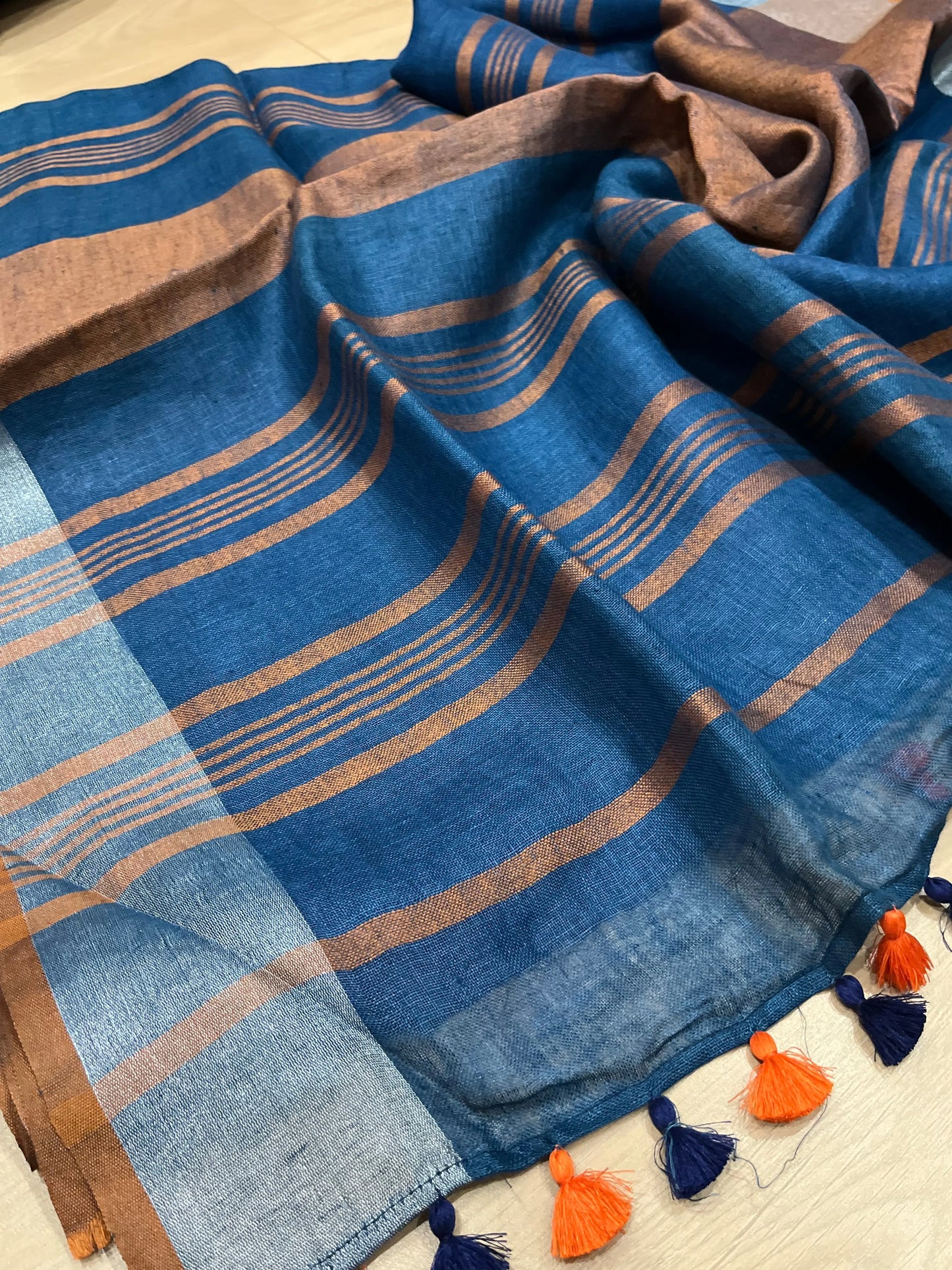 Blue Shade Handwoven organic Linen Saree | Silver Zari border| KIHUMS Saree kihums clothing