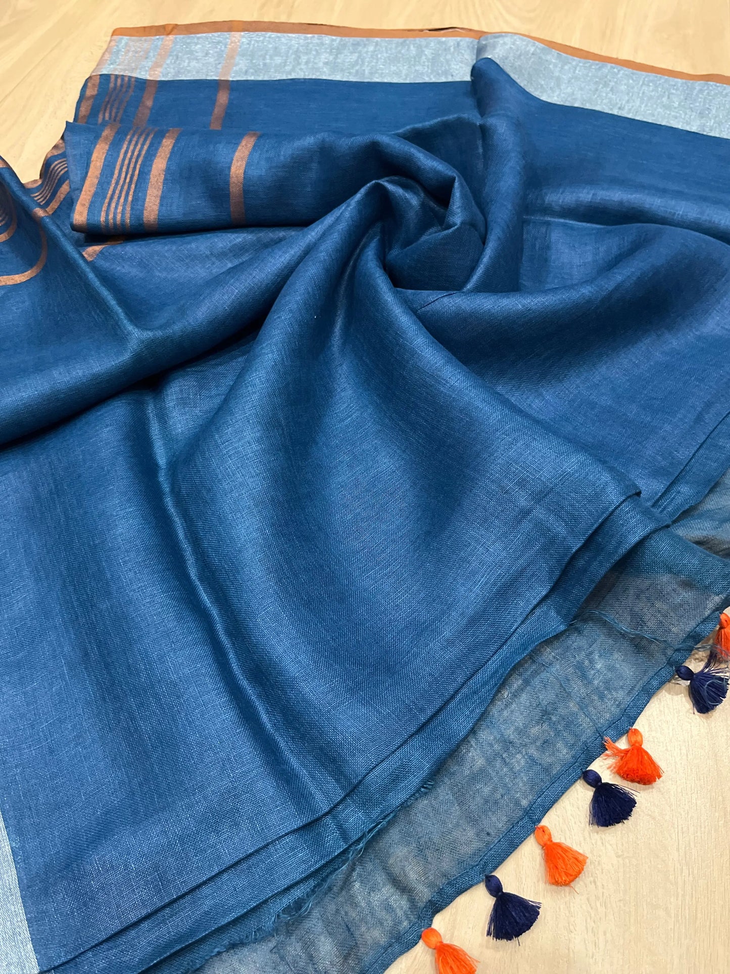 Blue Shade Handwoven organic Linen Saree | Silver Zari border| KIHUMS Saree