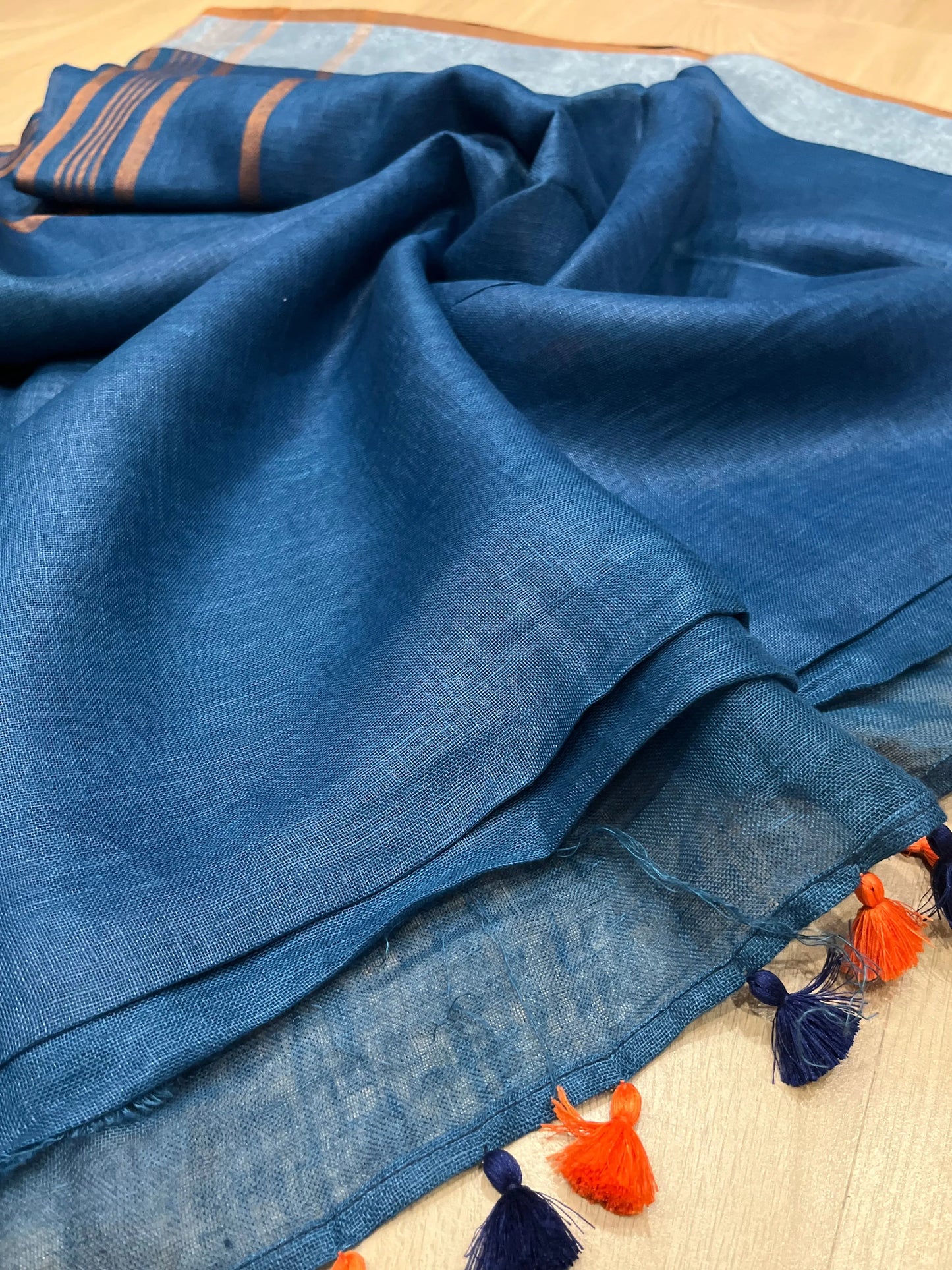 Blue Shade Handwoven organic Linen Saree | Silver Zari border| KIHUMS Saree